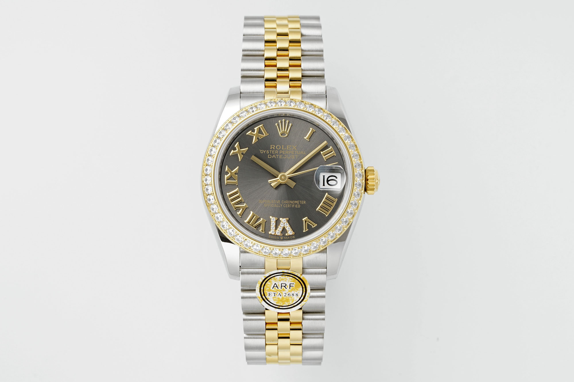 Rolex Datejust 31mm Watch with Dark Grey Roman Dial, Diamond-Set Bezel, Two-Tone (Stainless Steel & Yellow Gold) Jubilee Bracelet - ETA 2688 Movement