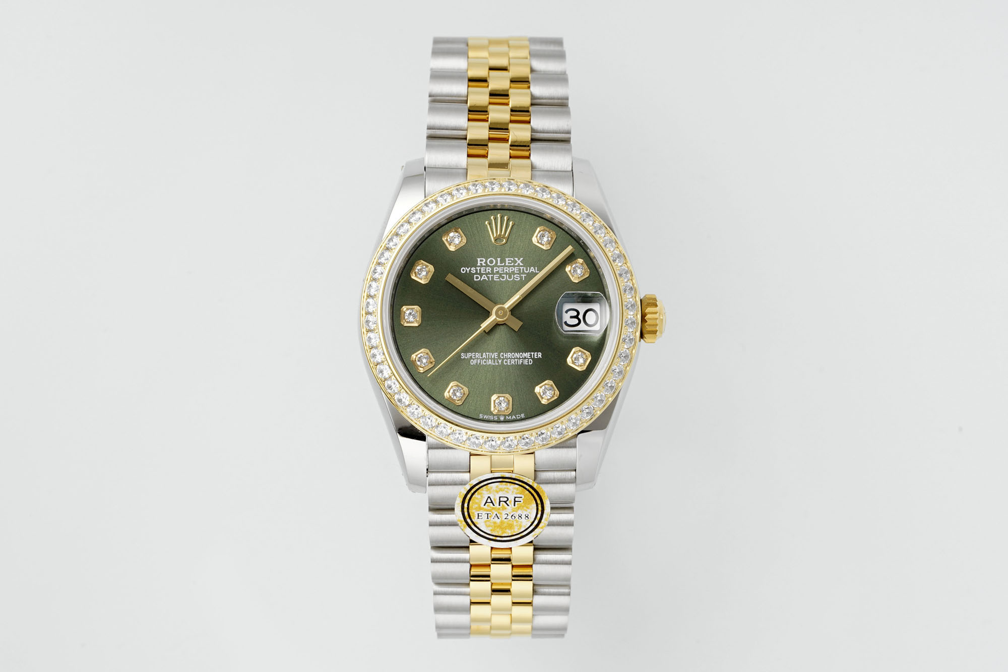 Rolex Datejust 31mm Watch with Green Diamond Dial, Diamond-Set Bezel, Two-Tone (Stainless Steel & Yellow Gold) Jubilee Bracelet - ETA 2688 Movement