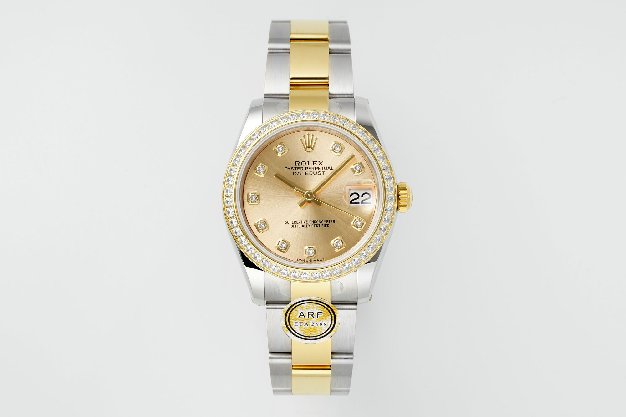 Rolex Datejust 31mm Watch with Champagne Diamond Dial, Diamond-Set Bezel, Two-Tone (Stainless Steel & Yellow Gold) Oyster Bracelet - ETA 2688 Movement
