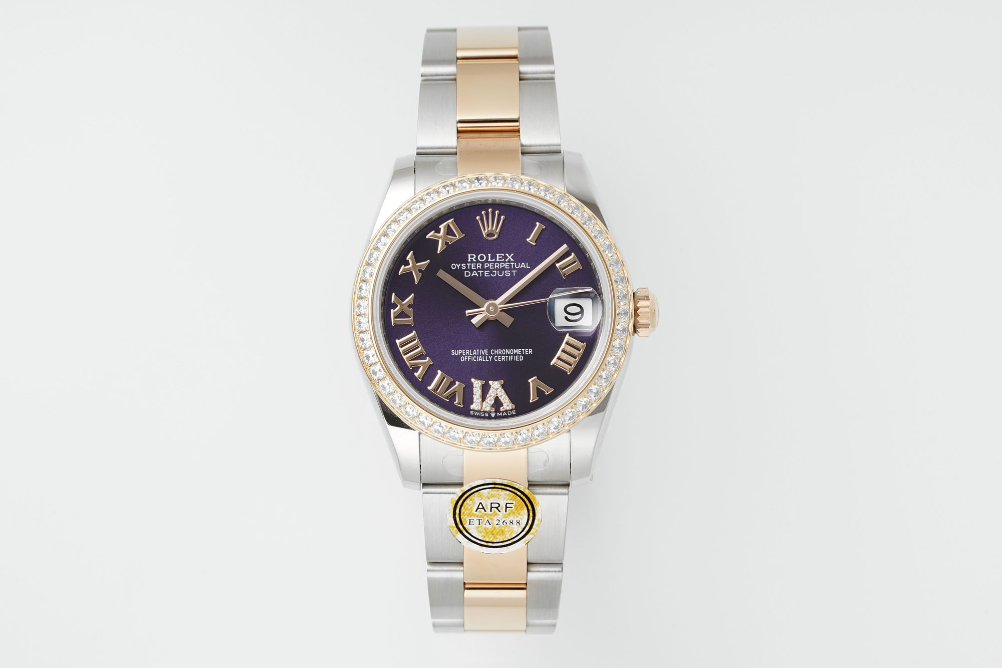 Rolex Datejust 31mm Watch with Purple Roman Dial, Diamond-Set Bezel, Two-Tone (Stainless Steel & Rose Gold) Oyster Bracelet - ETA 2688 Movement