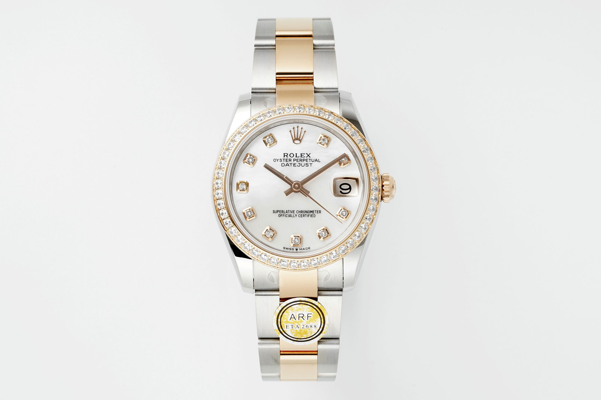Rolex Datejust 31mm Watch with White Mother-of-Pearl Dial, Diamond Markers, Diamond-Set Bezel, Two-Tone (Stainless Steel & Rose Gold) Oyster Bracelet - ETA 2688 Movement
