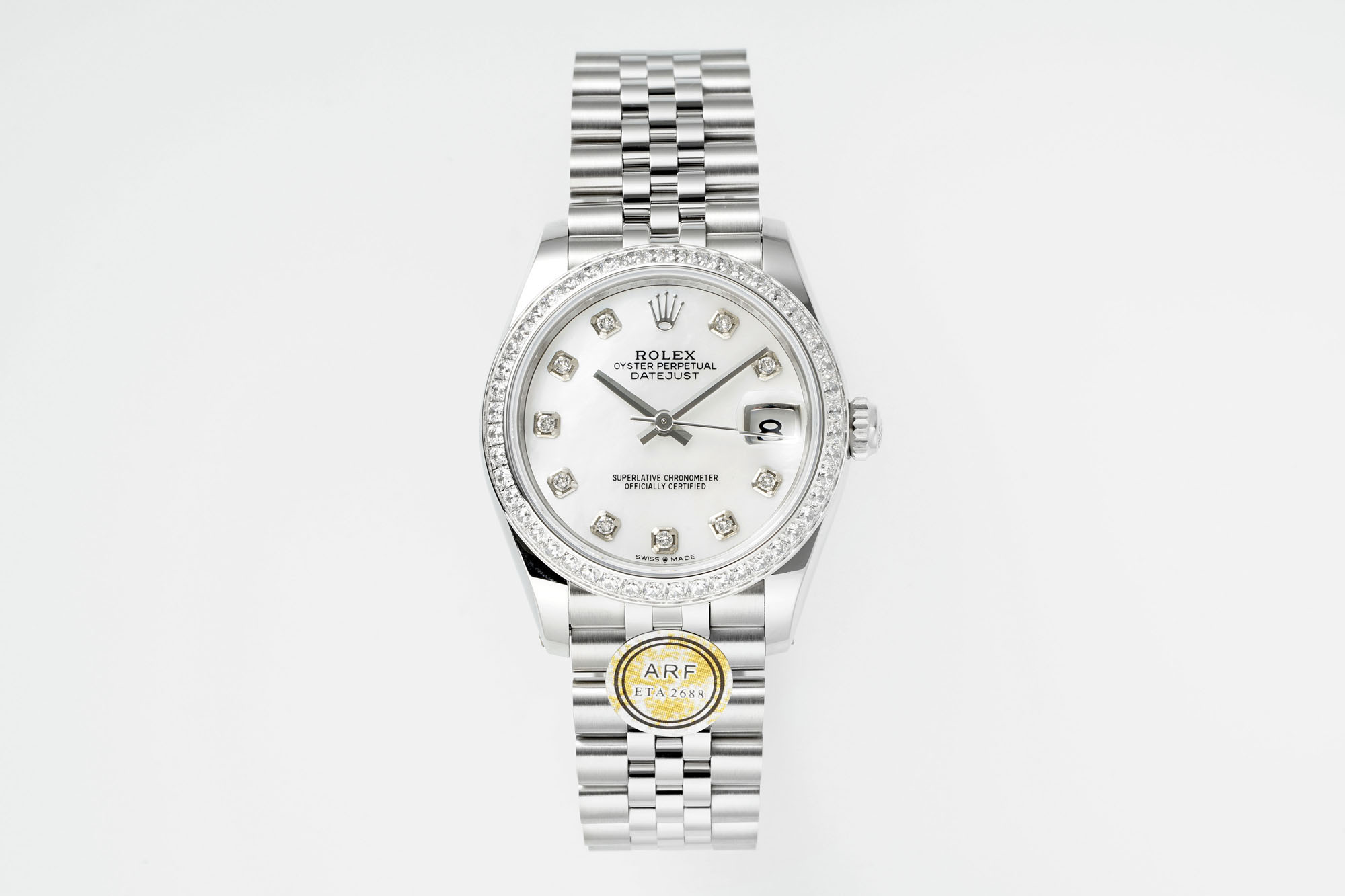 Rolex Datejust 31mm Watch with White Mother-of-Pearl (MOP) Dial, Diamond Markers, Diamond-Set Bezel, and Stainless Steel Jubilee Bracelet - ETA 2688 Movement