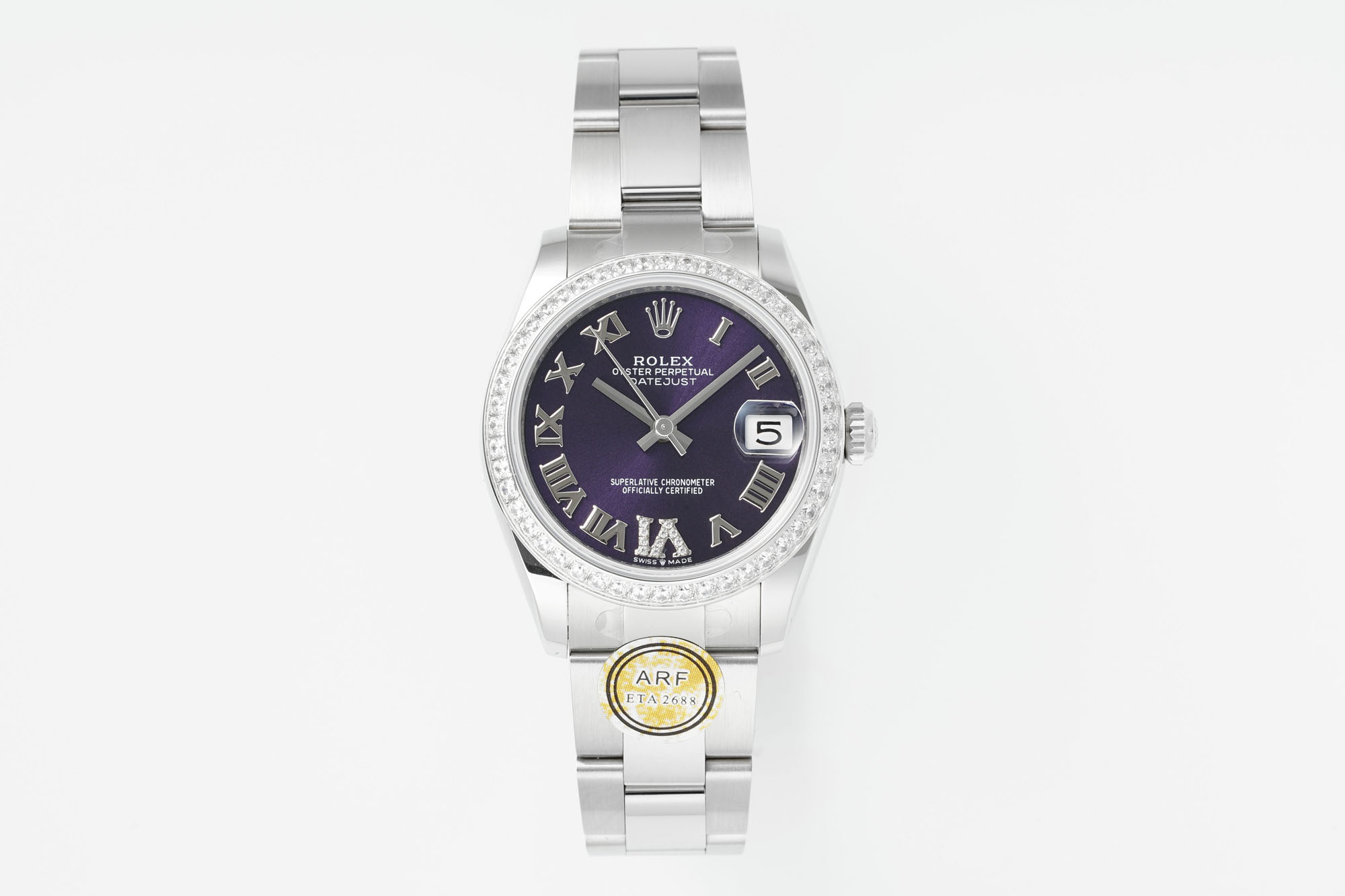 Rolex Datejust 31mm Watch with Purple Roman Dial, Diamond-Set Bezel, and Stainless Steel Oyster Bracelet - ETA 2688 Movement