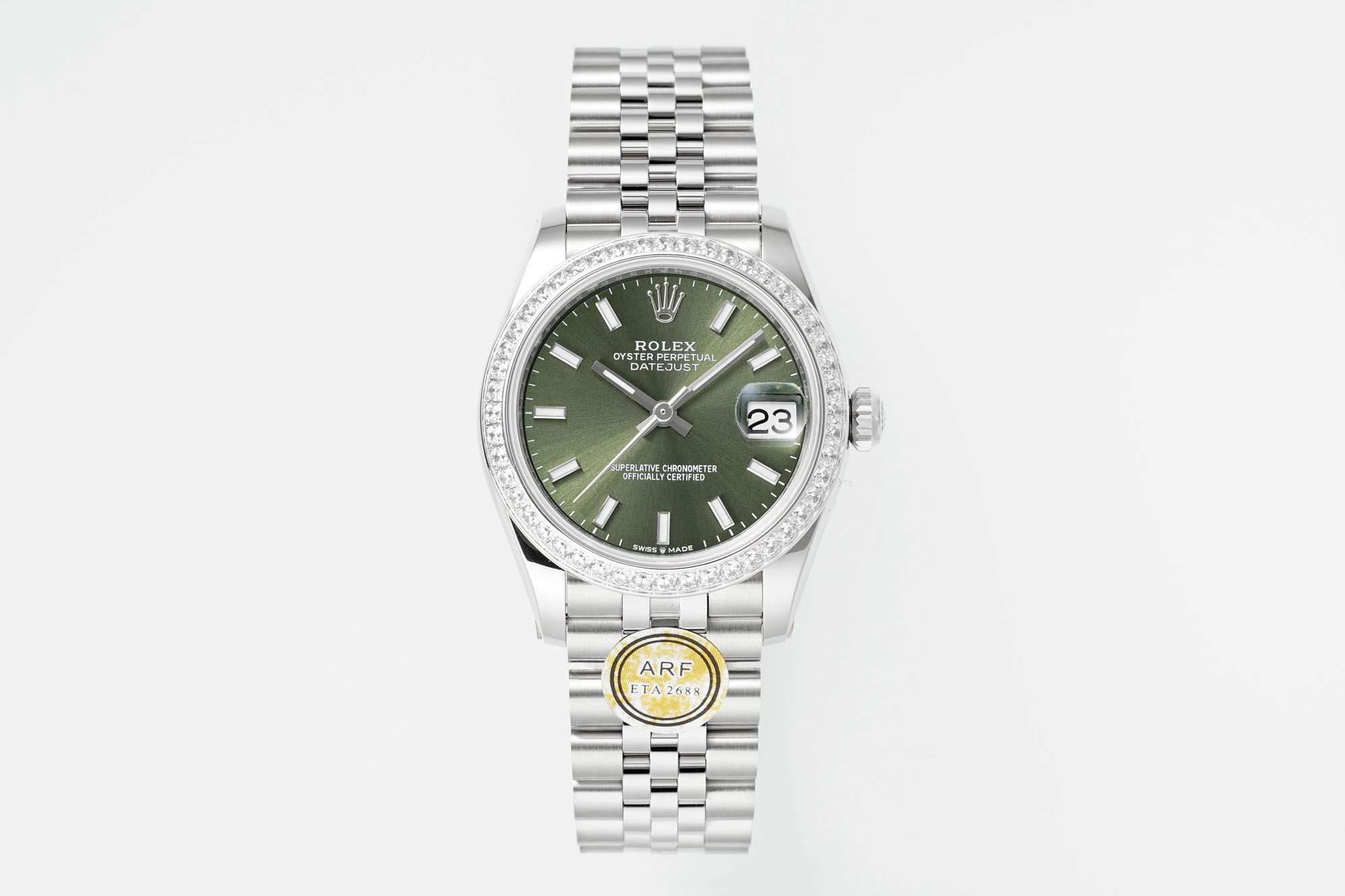 Rolex Datejust 31mm Watch with Green Index Dial, Diamond-Set Bezel, and Stainless Steel Jubilee Bracelet - ETA 2688 Movement