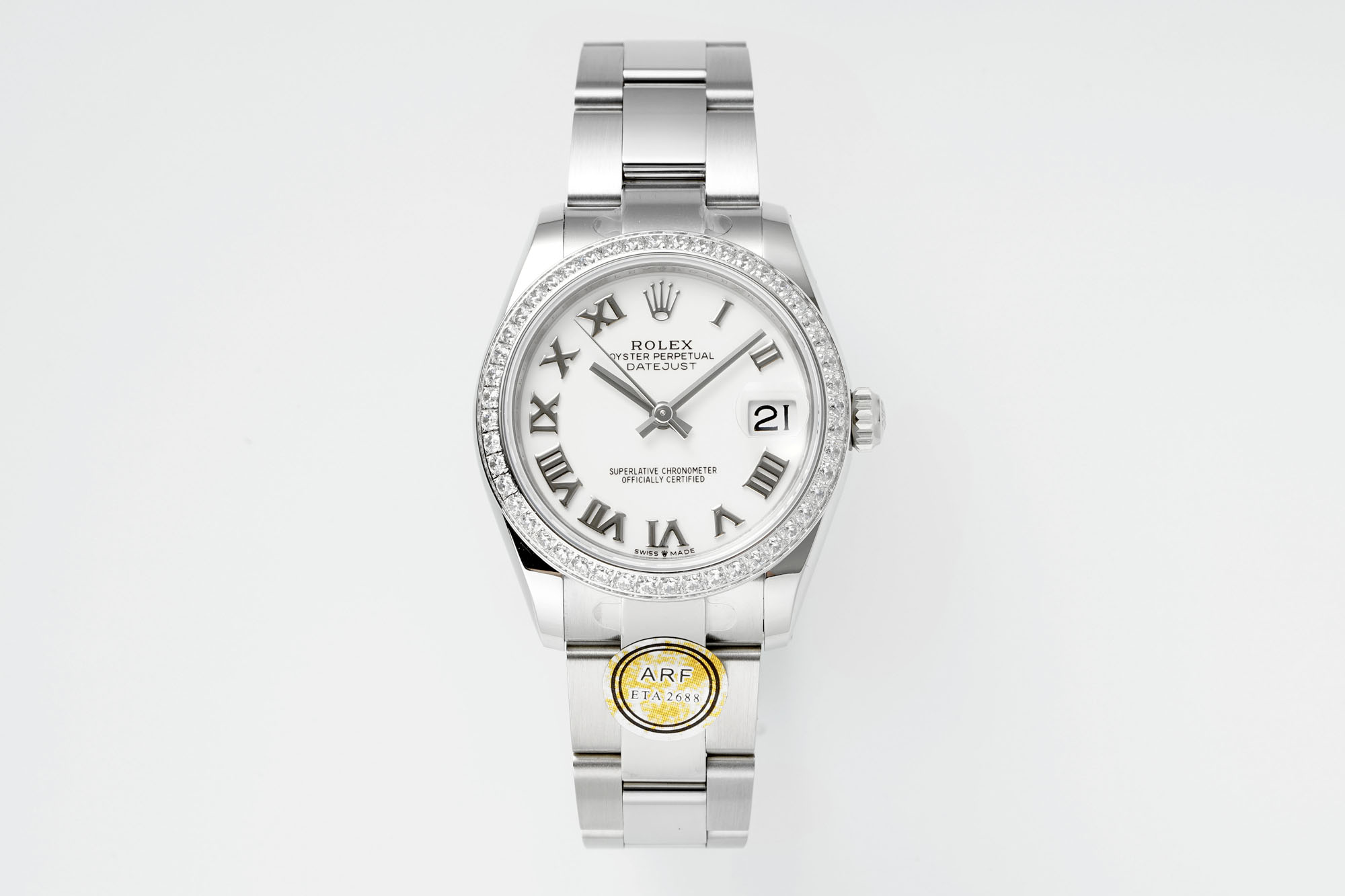 Rolex Datejust White Roman Dial Diamond - Set Bezel Stainless Steel Watch, 31mm, ETA 2688 Movement