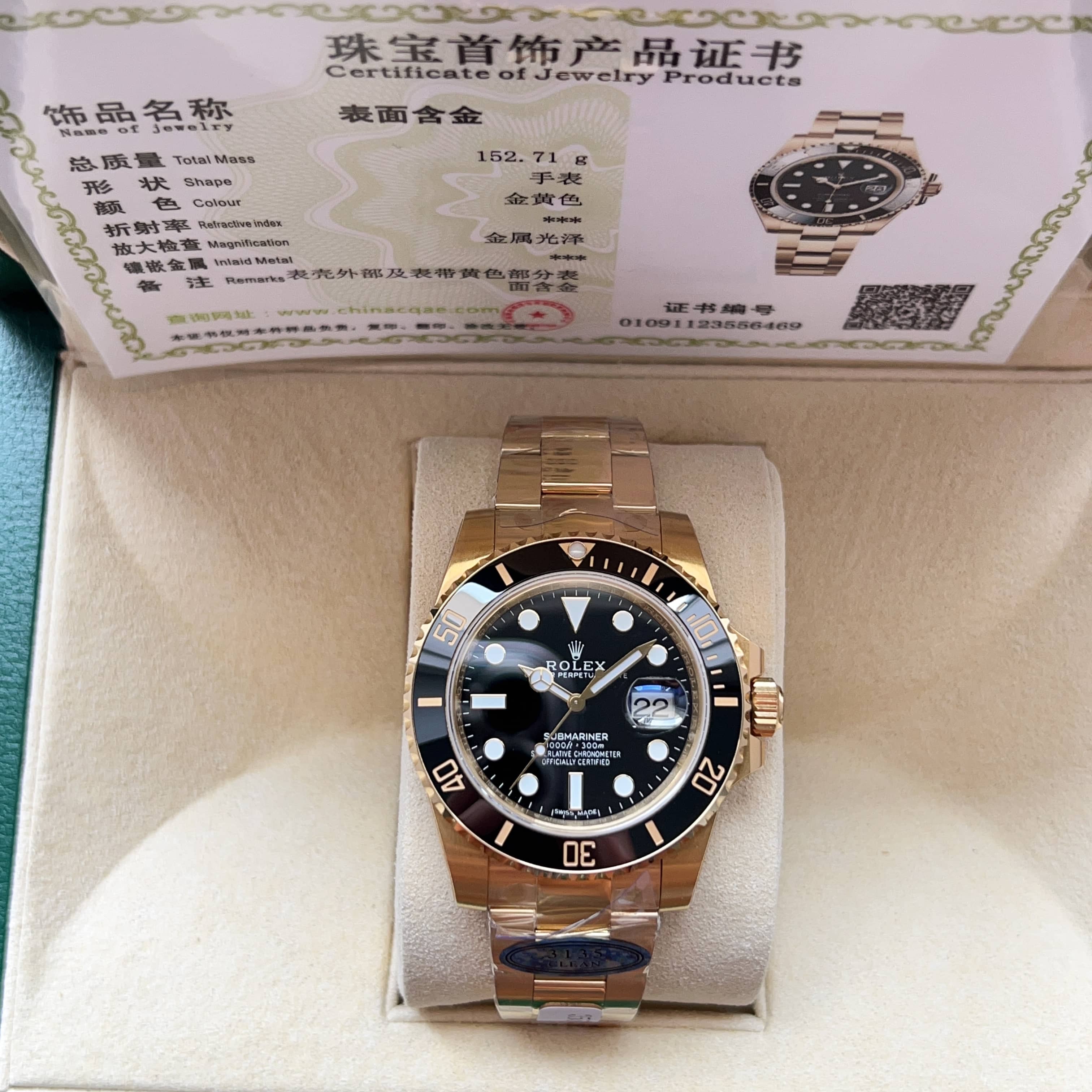 Rolex Submariner Black Dial Yellow Gold Watch, 40mm, Calibre 3235 Movement