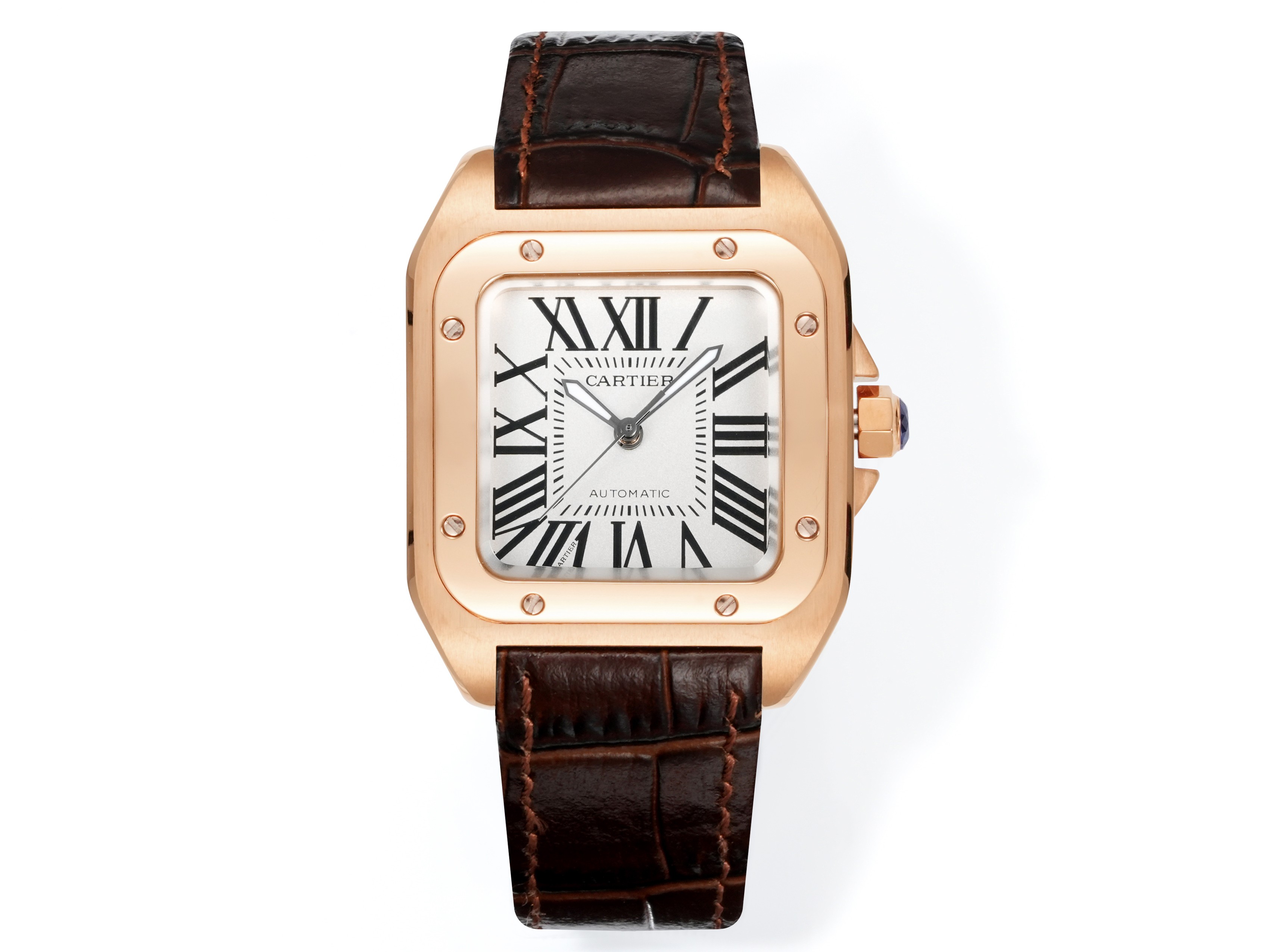 Cartier Santos 100 Silver Dial Rose Gold Watch, 38mm×38mm, Automatic Movement