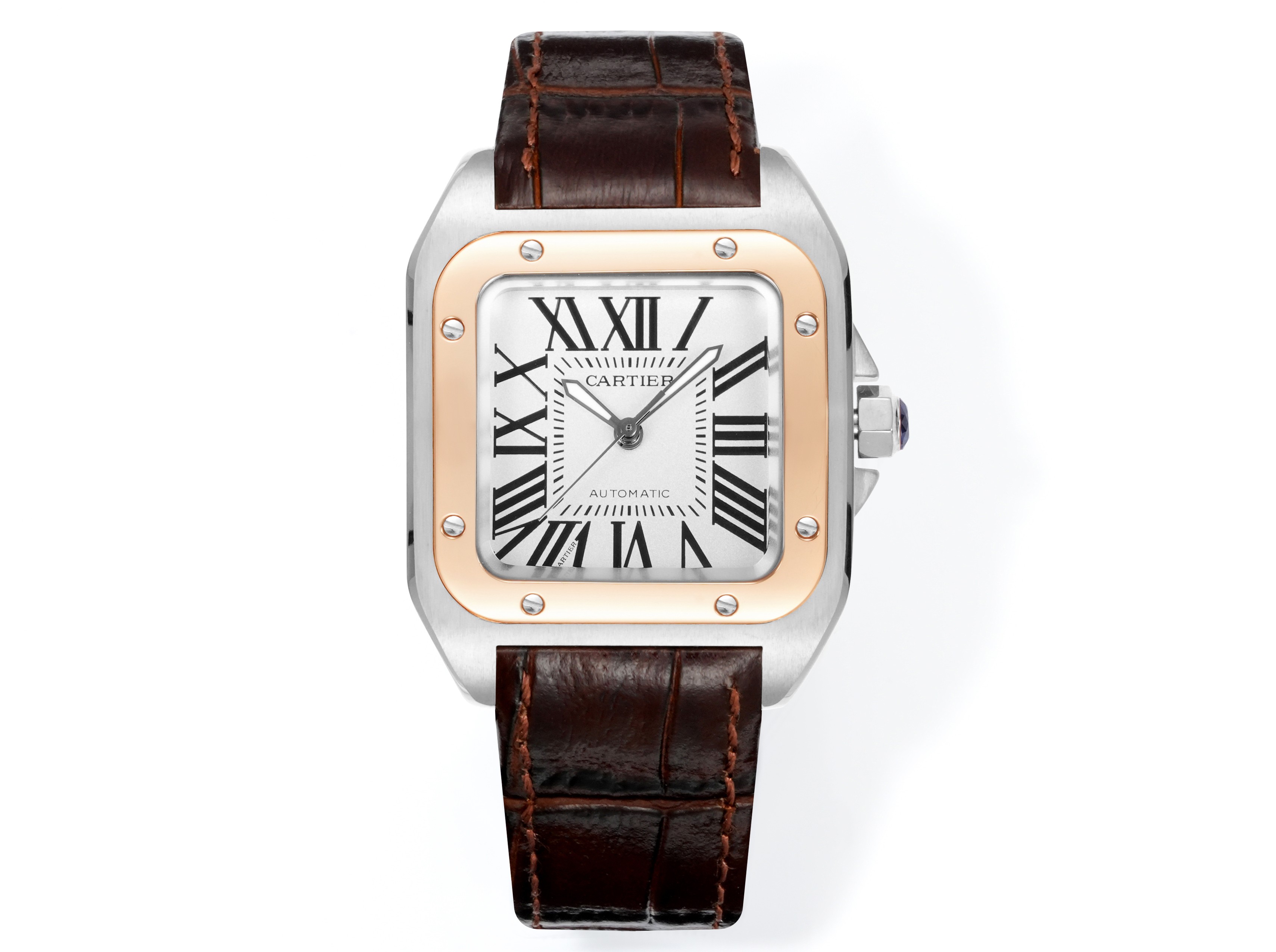 Cartier Santos 100 Two - Tone (Stainless Steel & Rose Gold) Silver Dial Watch, 38mm×38mm, Automatic Movement