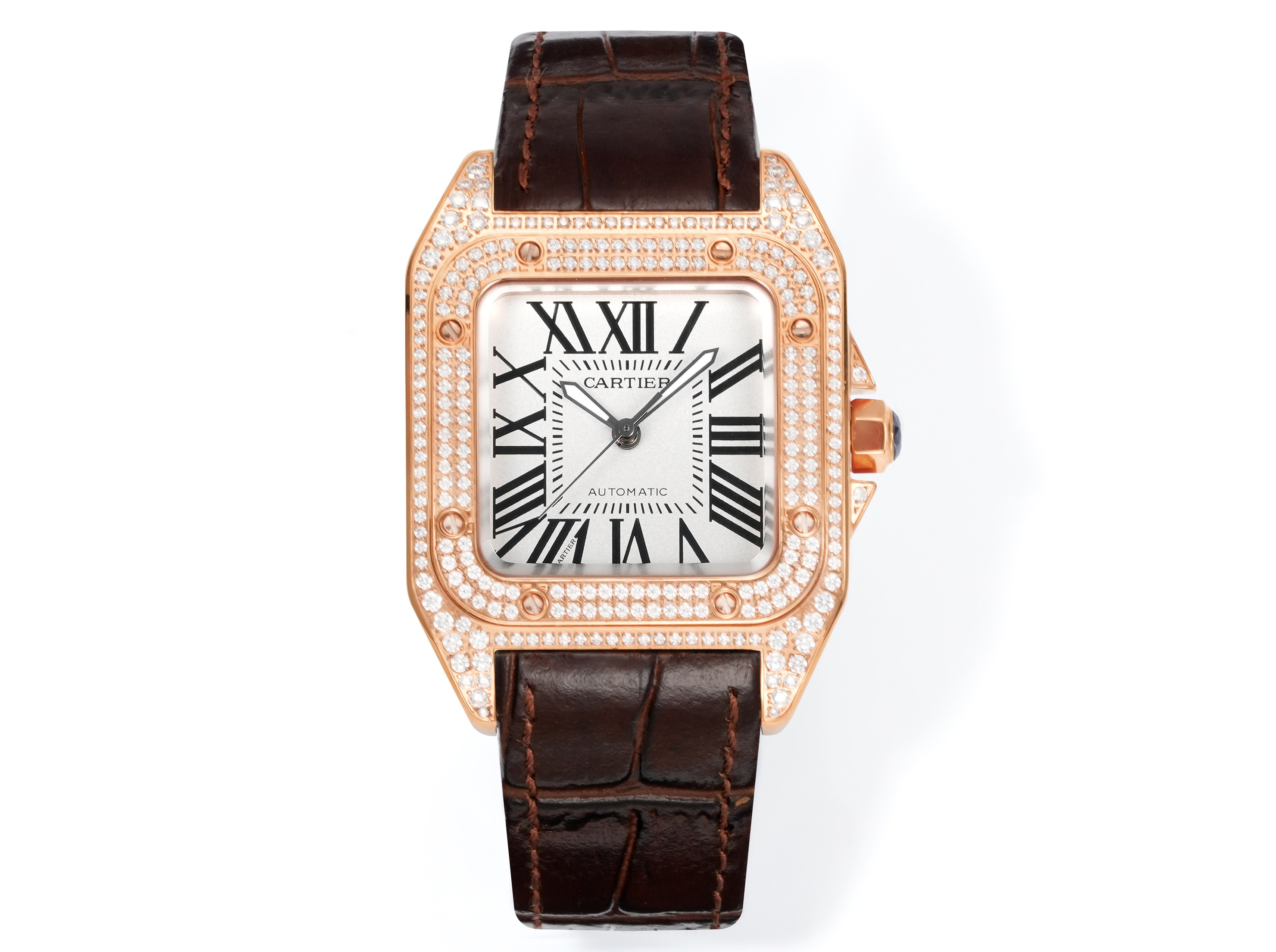 Cartier Santos 100 Diamond - Set Silver Dial Rose Gold Watch, 38mm×38mm, Automatic Movement