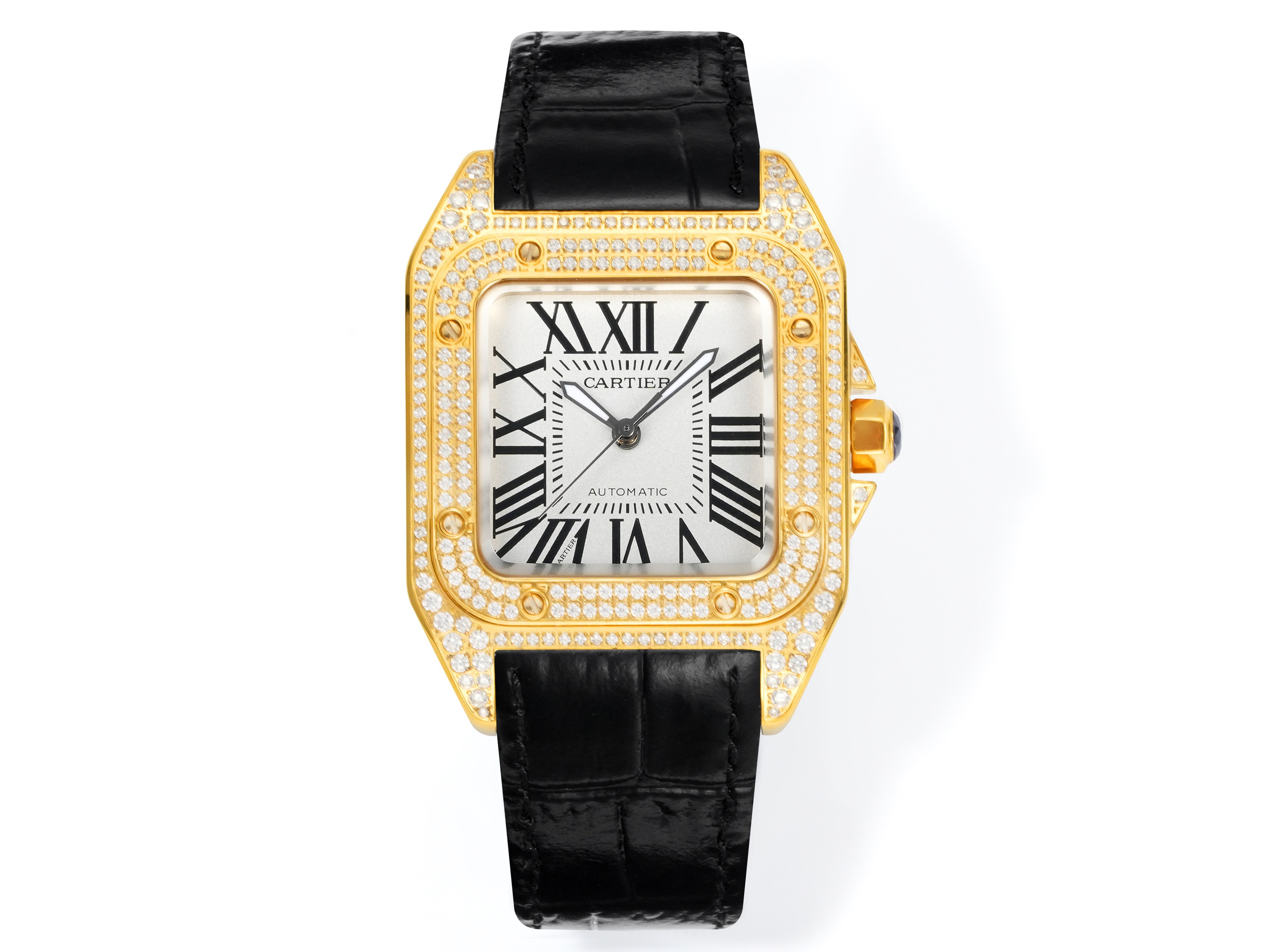 Cartier Santos 100 Diamond - Set Silver Dial Yellow Gold Watch, 38mm×38mm, Automatic Movement