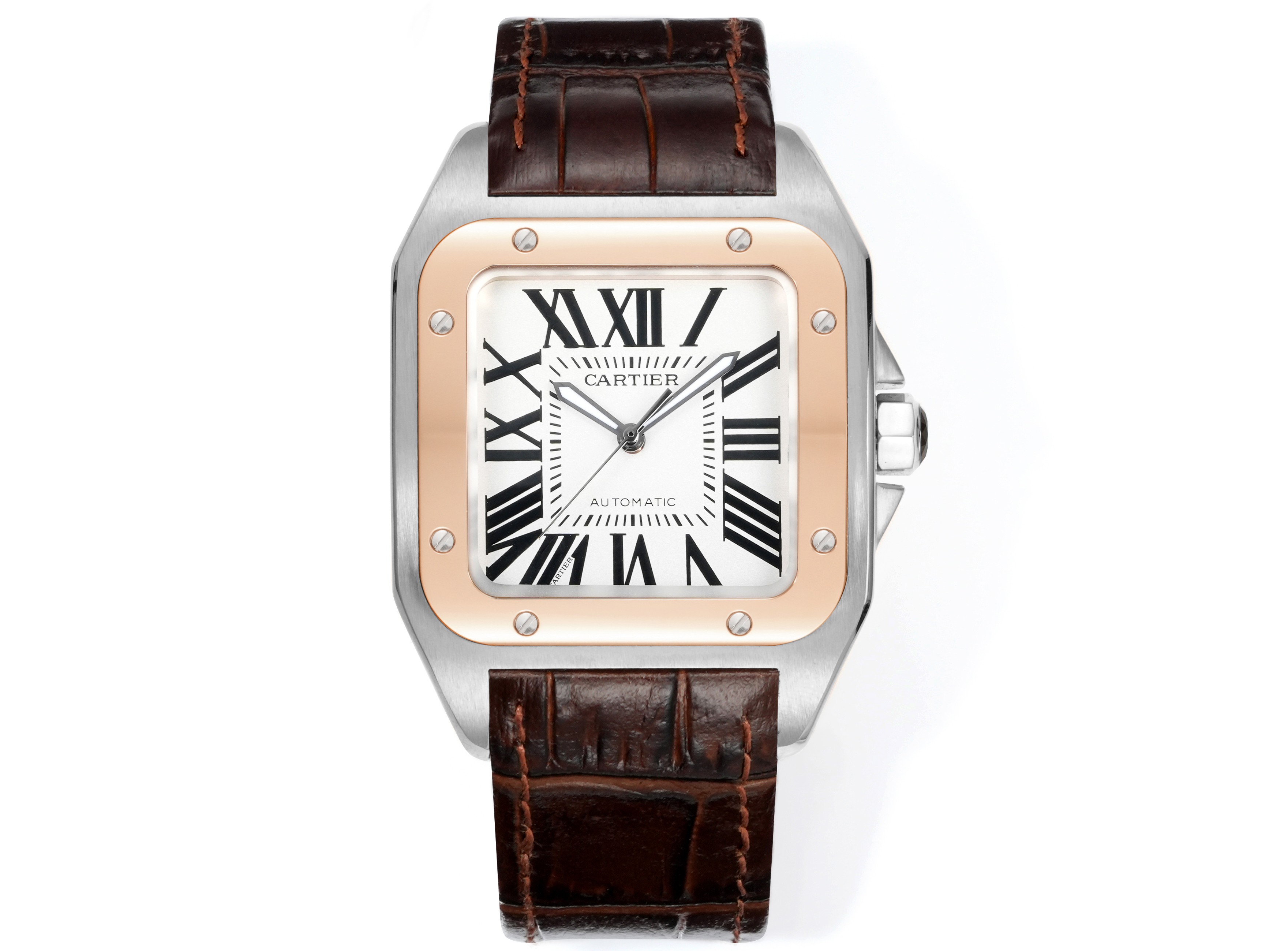 Cartier Santos 100 Two - Tone (Stainless Steel & Rose Gold) White Dial Watch, 38mm×38mm, Automatic Movement