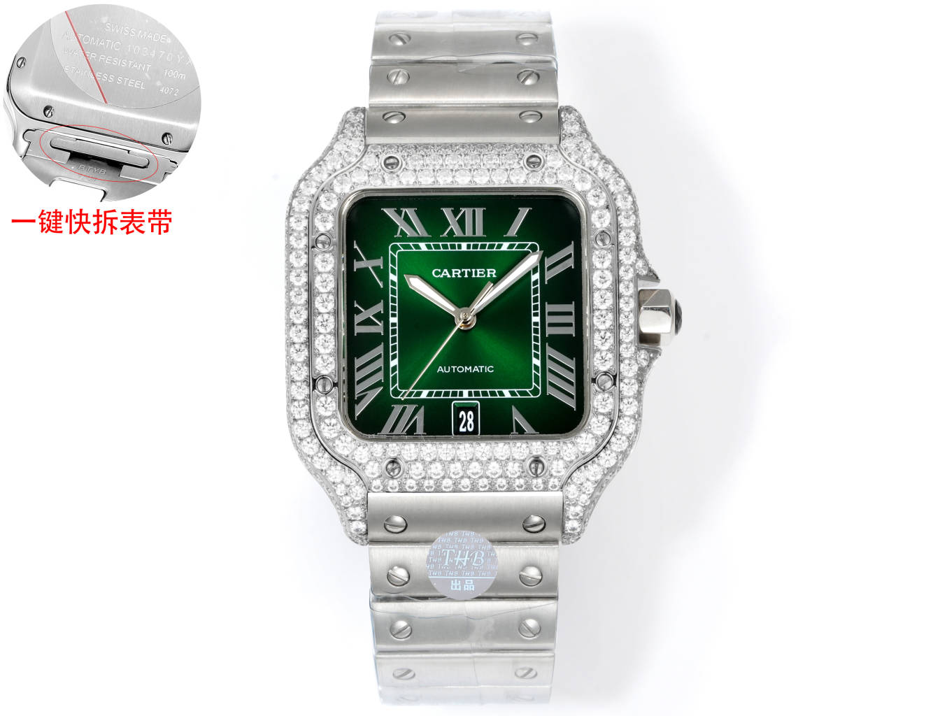 Cartier Santos Diamond - Set Green Dial Stainless Steel Watch, 39.8mm, Automatic Movement