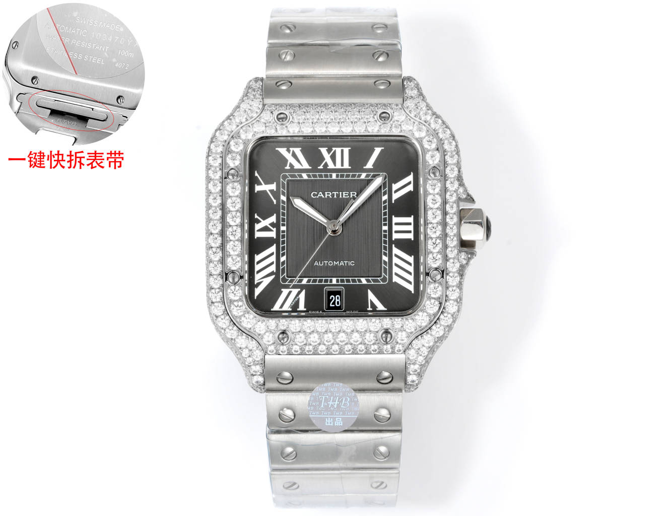 Cartier Santos Diamond - Set Black Dial Stainless Steel Watch, 39.8mm, Automatic Movement