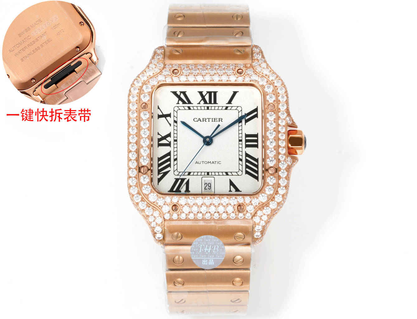 Cartier Santos Diamond - Set White Dial Rose Gold Watch, 39.8mm, Automatic Movement