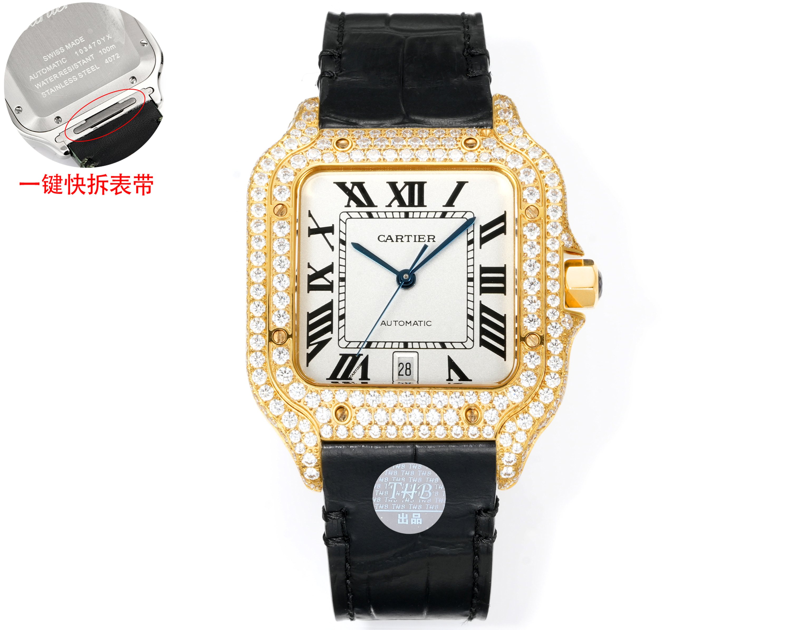 Cartier Santos Diamond - Set White Dial Yellow Gold Watch, 39.8mm, Automatic Movement