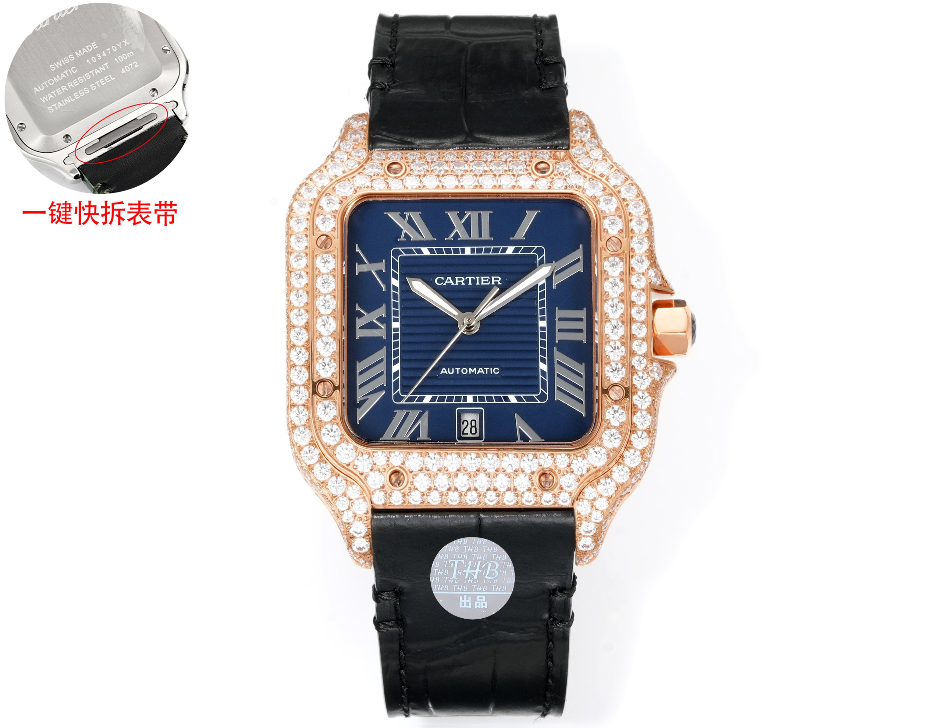 Cartier Santos Diamond - Set Blue Dial Rose Gold Watch, 39.8mm, Automatic Movement