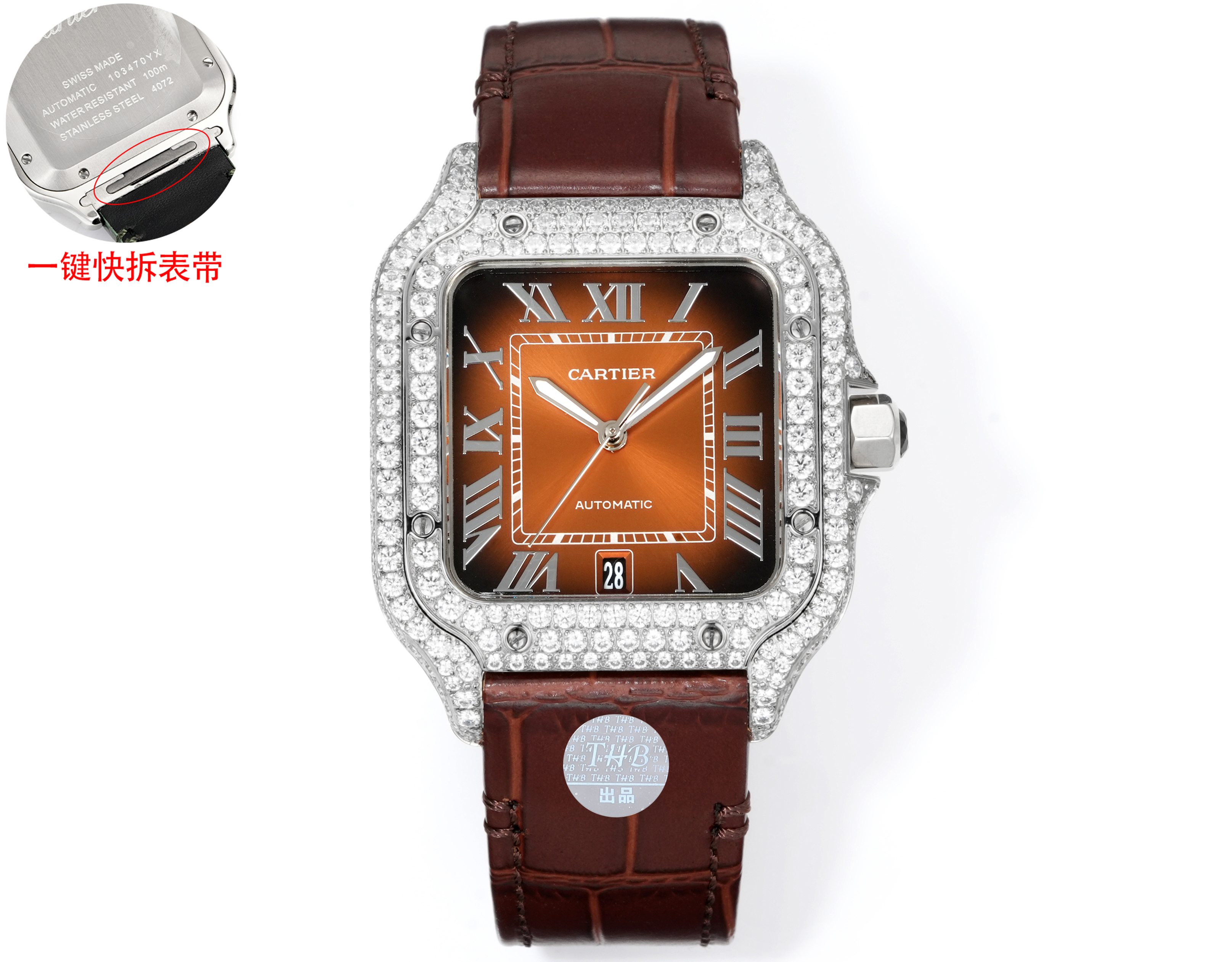 Cartier Santos Diamond - Set Gradient Brown Dial Stainless Steel Watch, 39.8mm, Automatic Movement
