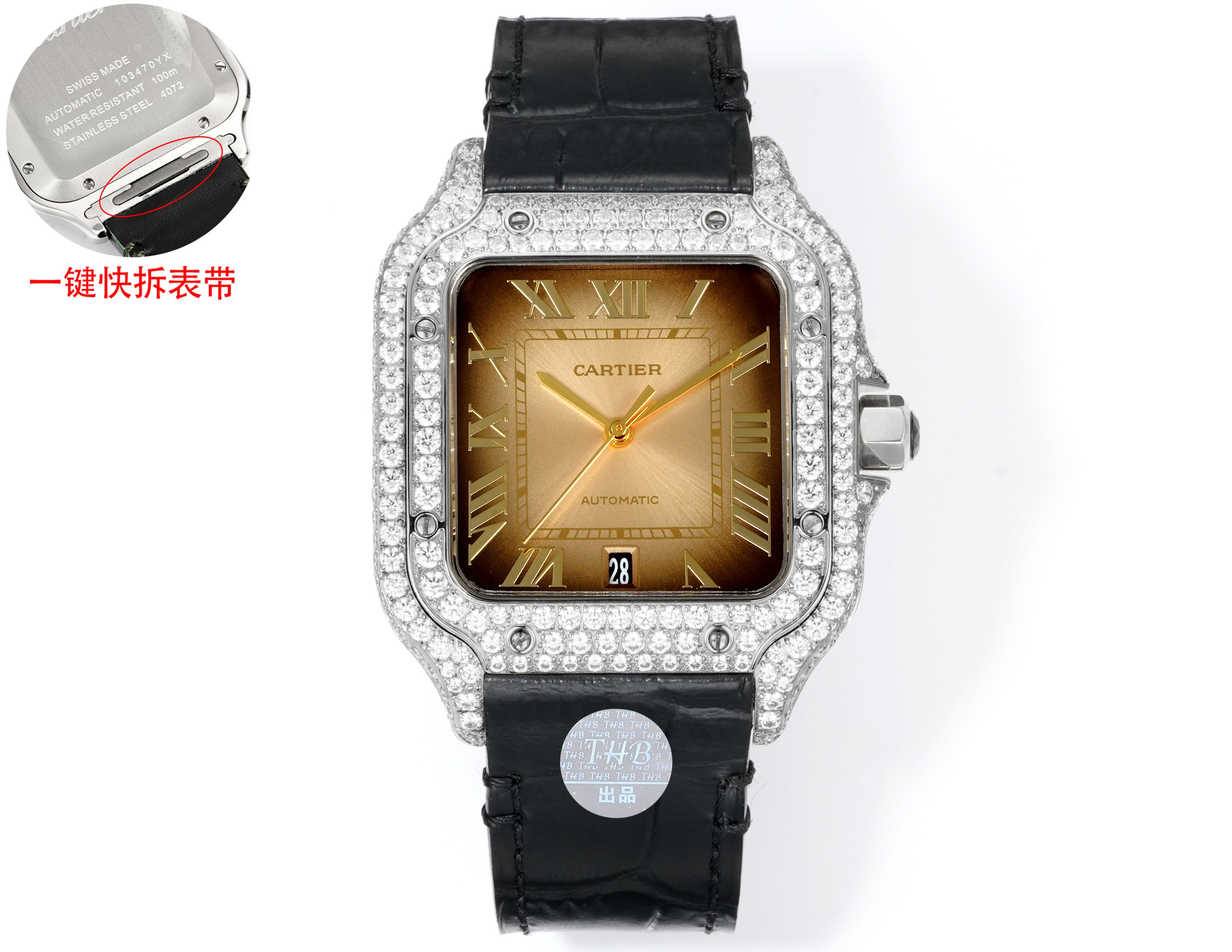 Cartier Santos Diamond - Set Black Dial Stainless Steel Watch, 39.8mm, Automatic Movement