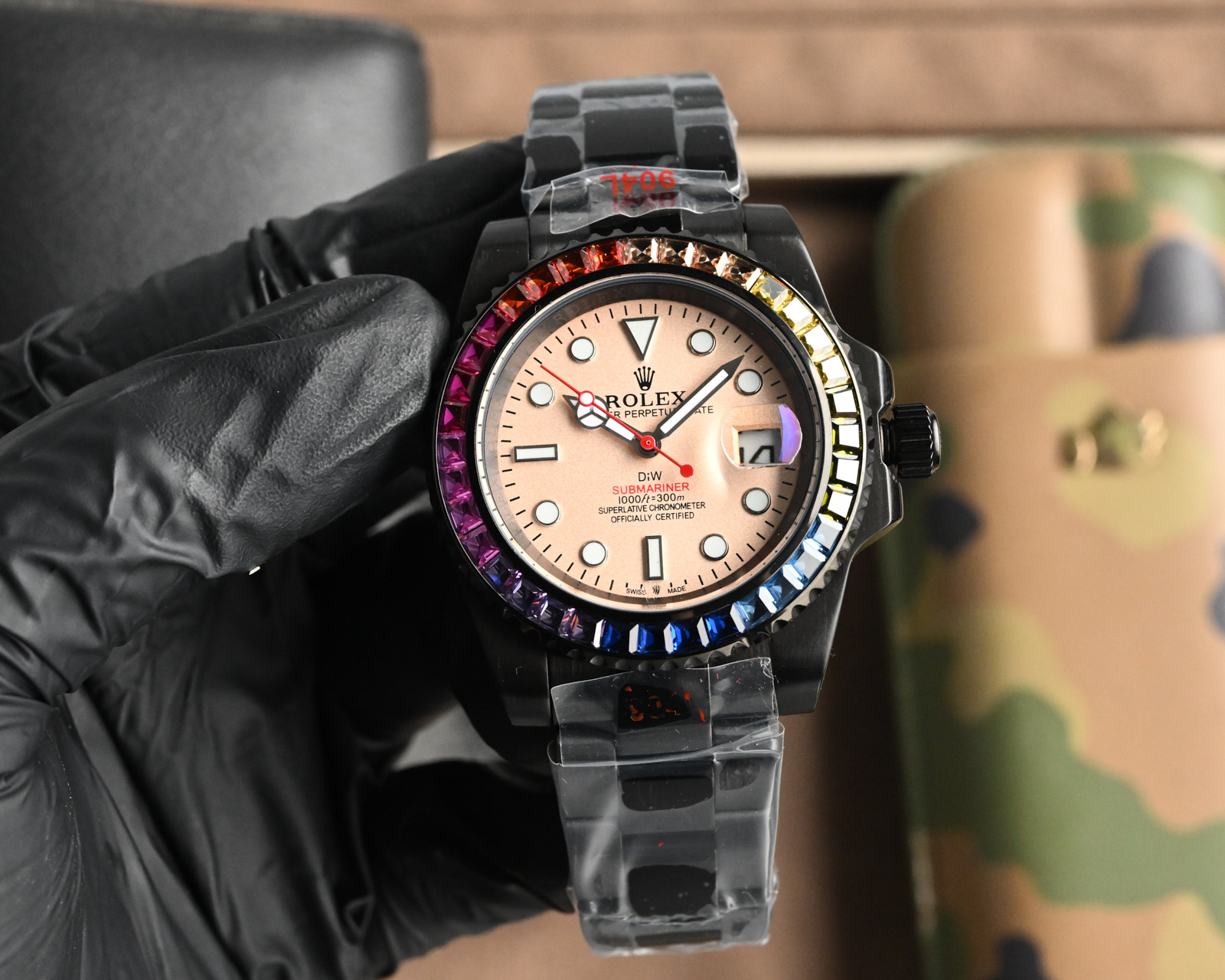 Rolex Submariner Rainbow Bezel Pink Dial Black Watch, 40mm, Automatic Movement