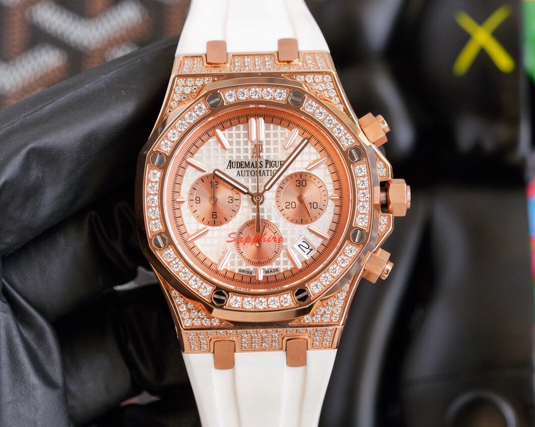 Audemars Piguet Royal Oak Chronograph Blue Dial Rose Gold & Diamond Watch, 41mm, Automatic Movement