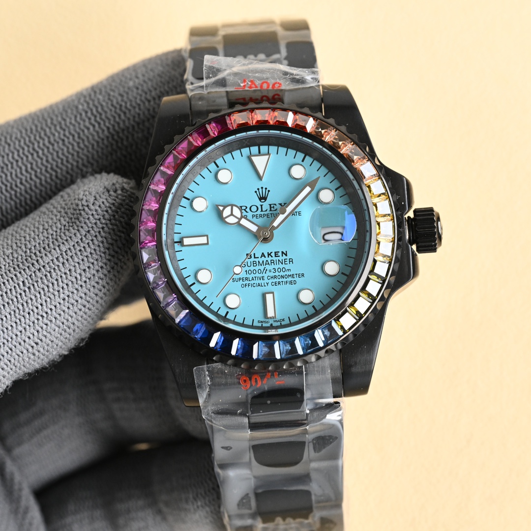 Rolex Submariner BLAKEN Rainbow Gemstone Bezel Blue Dial Black Coated Stainless Steel Watch, 40mm, Automatic Movement