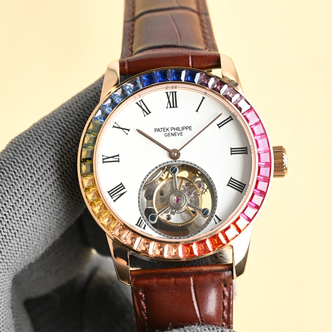 Patek Philippe Tourbillon White Dial Rainbow Gemstone Bezel Rose Gold - Toned Stainless Steel Watch, 40mm, Manual Mechanical Movement