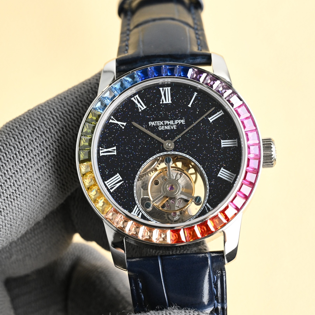 Patek Philippe Tourbillon Starry Sky Dial Rainbow Gemstone Bezel Stainless Steel Watch, 40mm, Manual Mechanical Movement