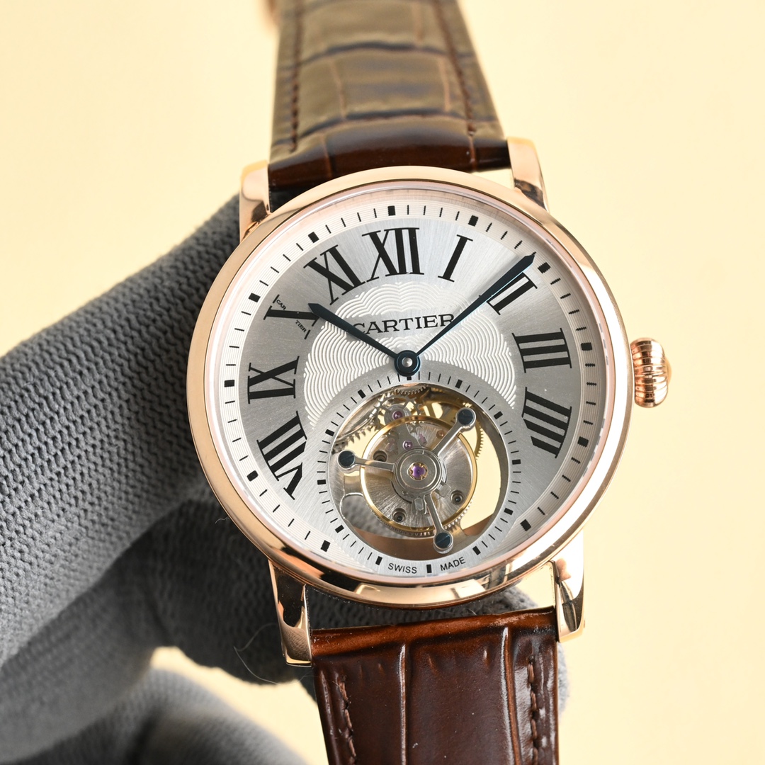 Cartier Tourbillon Silver Dial Rose Gold - Toned Stainless Steel Watch, 40mm, Manual Mechanical Movement