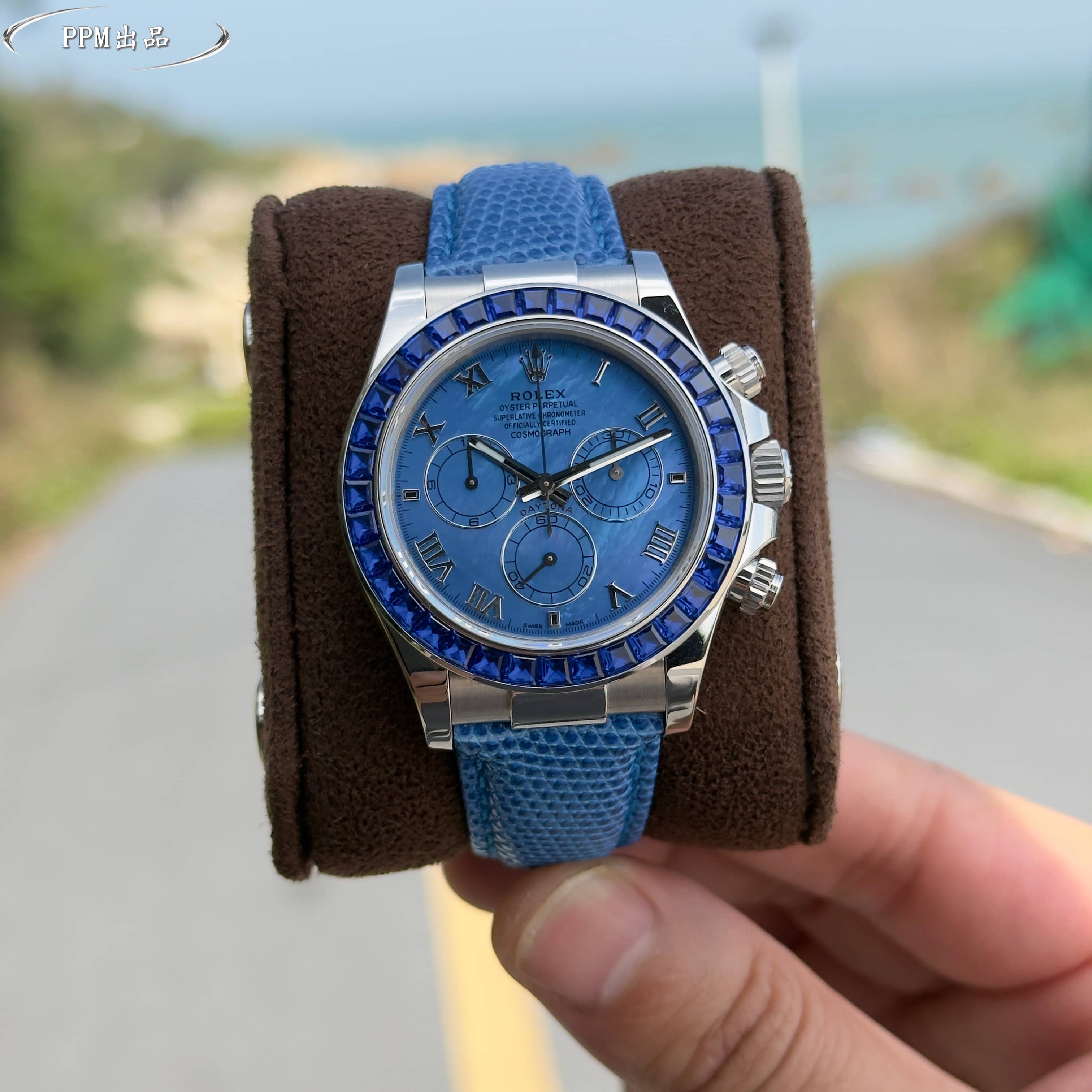 Rolex Daytona Blue Gemstone Bezel Blue Dial Stainless Steel Watch, 40mm, Automatic Movement