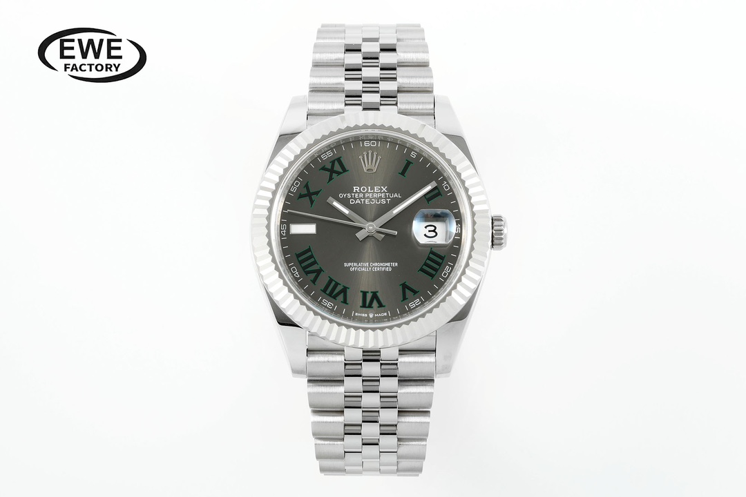 Rolex Datejust Gray Dial with Green Roman Numerals Stainless Steel Watch, 41mm, Automatic Movement