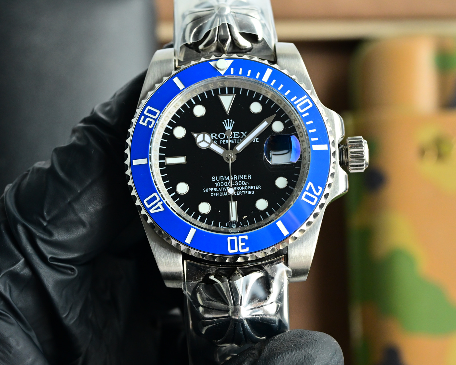 Rolex Submariner Custom Blue Bezel Black Dial Stainless Steel Watch, 40mm, Automatic Movement