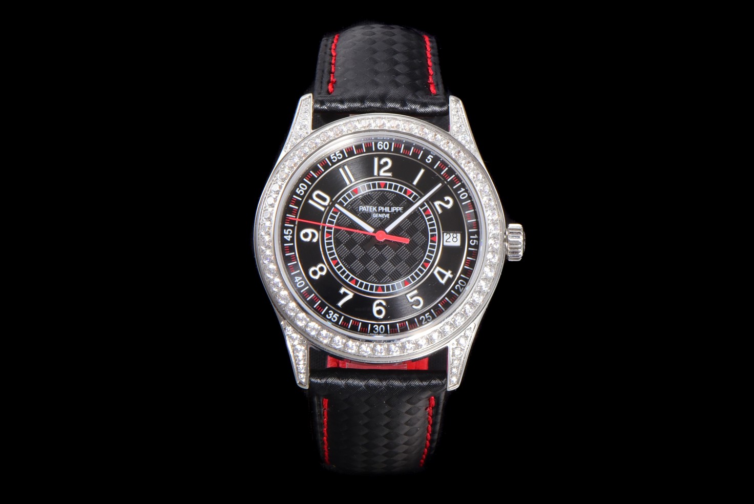 Patek Philippe Diamond - Bezel Black Dial Red - Accent Black Woven Strap Watch, 40mm, Automatic Movement