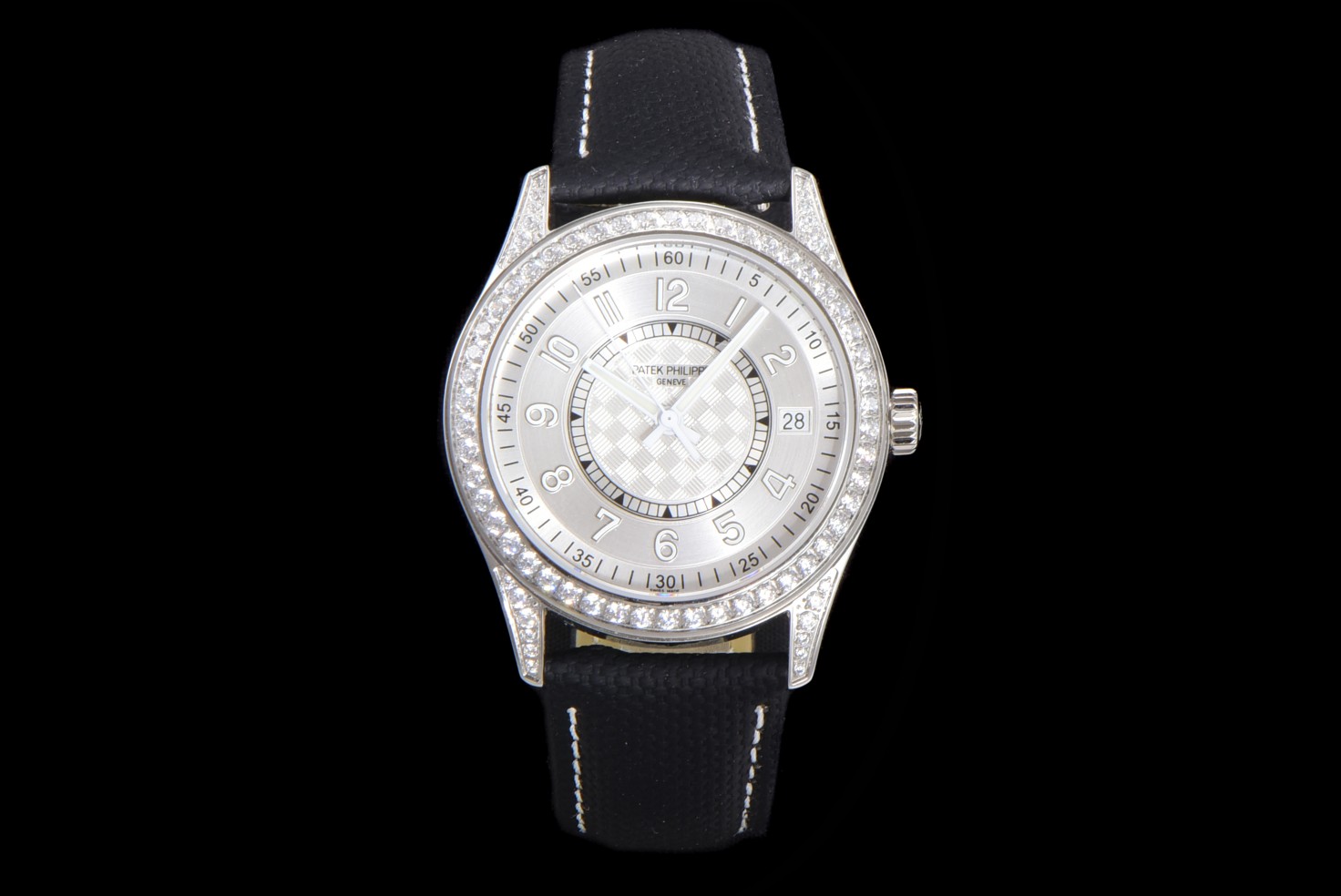 Patek Philippe Diamond - Bezel Silver Dial Black Woven Strap Watch, 40mm, Automatic Movement