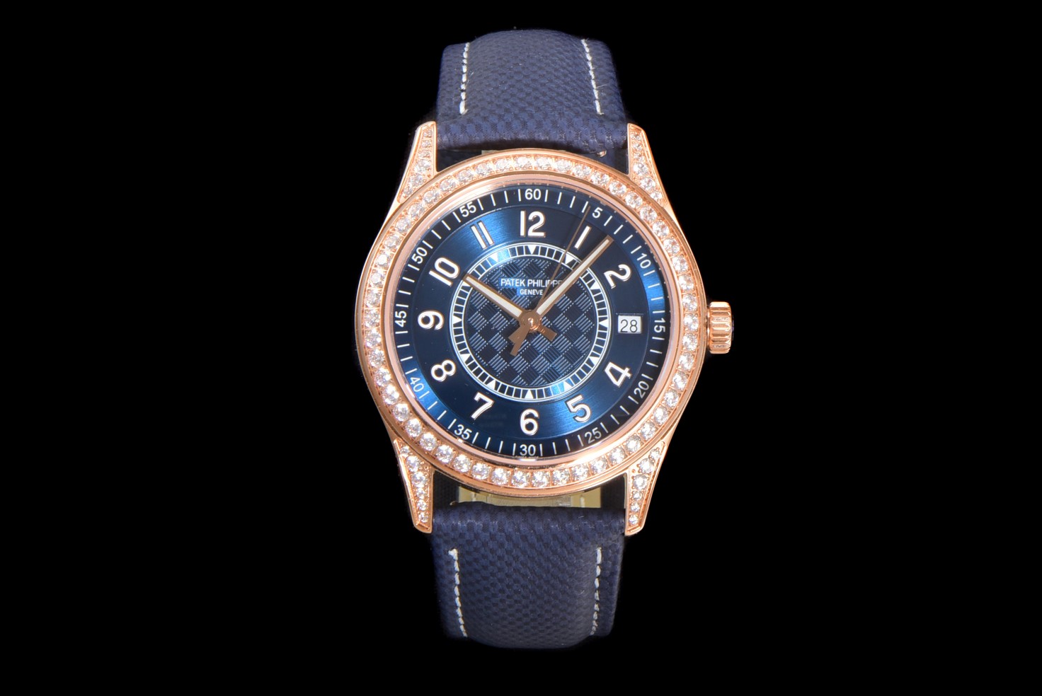 Patek Philippe Diamond - Bezel Blue Dial Blue Woven Strap Watch, 40mm, Automatic Movement
