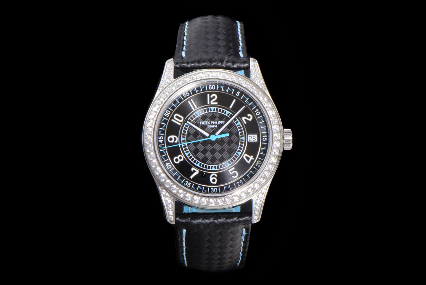 Patek Philippe Diamond - Bezel Black Dial Black & Light Blue Strap Watch, 40mm, Automatic Movement