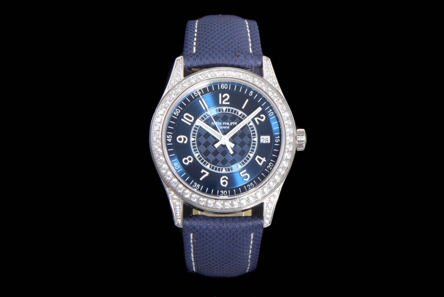 Patek Philippe Diamond - Bezel Blue Dial Blue Fabric Strap Watch, 40mm, Automatic Movement