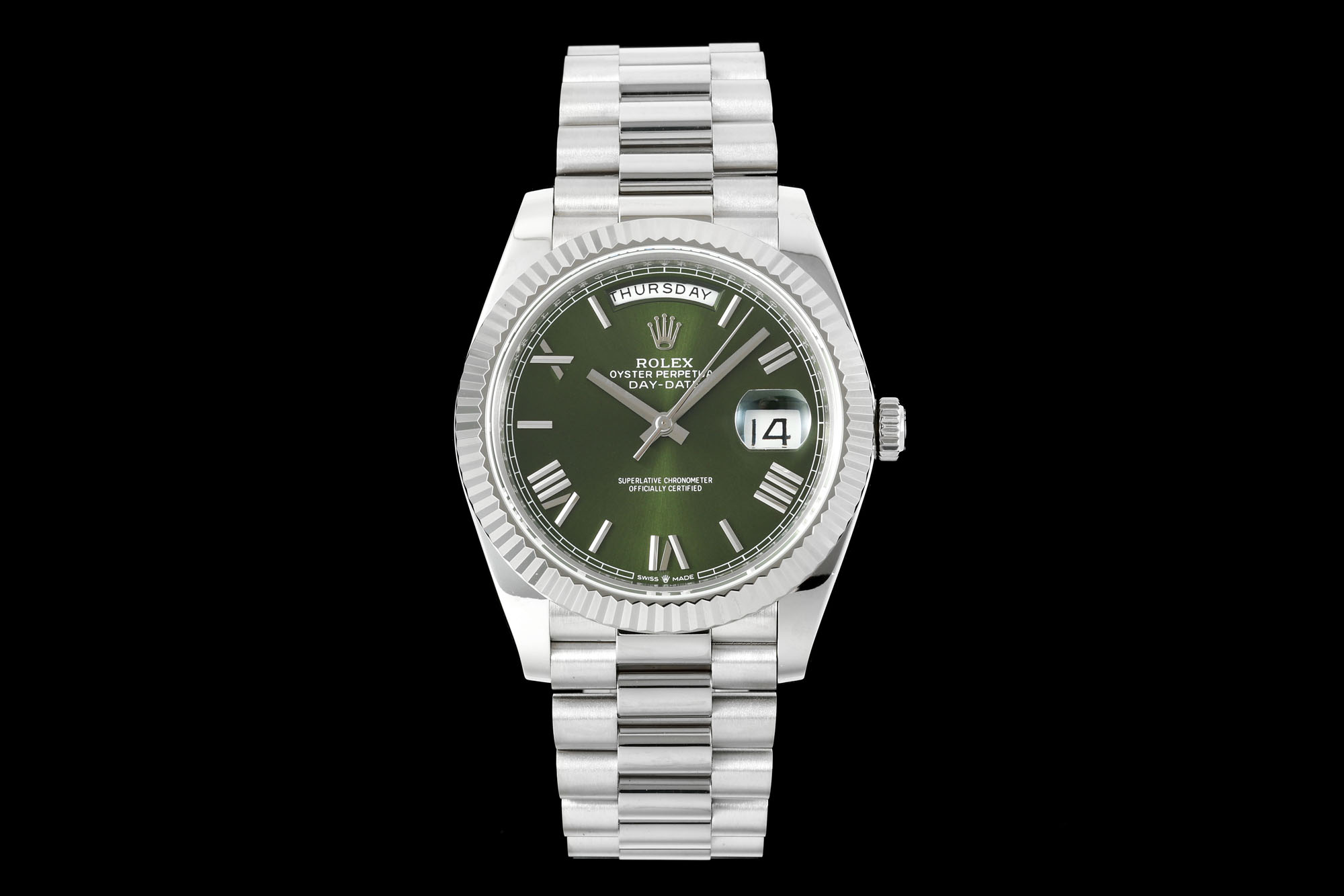 Rolex Oyster Perpetual Day - Date Green Roman - Numeral Dial 18K White Gold Watch, 36mm, Automatic Movement