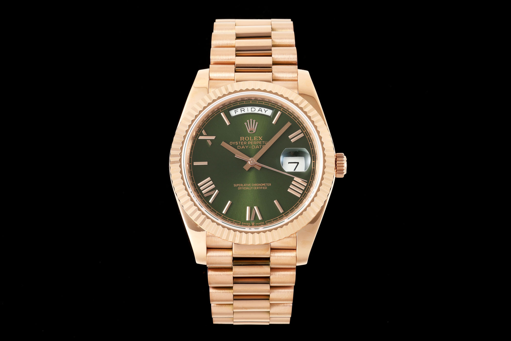 Rolex Oyster Perpetual Day - Date Green Roman - Numeral Dial 18K Rose Gold Watch, 40mm, Automatic Movement