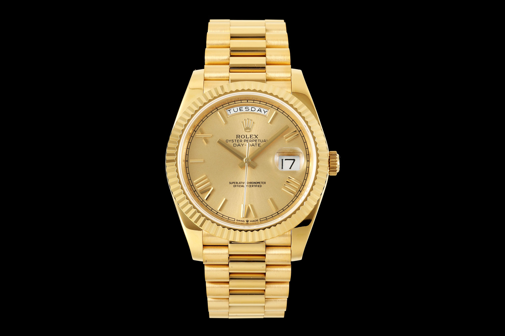Rolex Oyster Perpetual Day - Date Champagne Roman - Numeral Dial 18K Gold Watch, 40mm, Automatic Movement