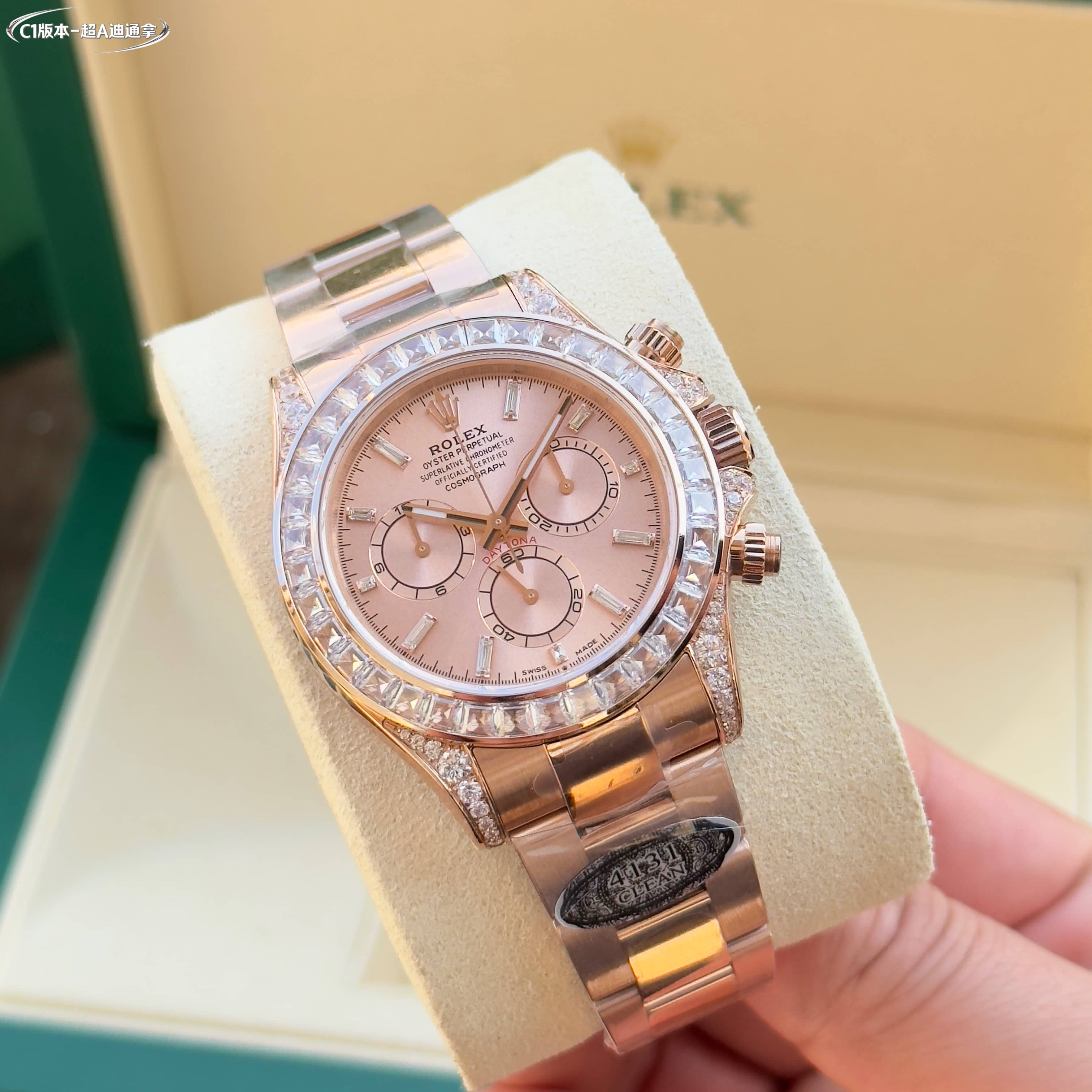 Rolex Daytona Pink Dial Baguette Diamond - Set 18K Rose Gold Watch, 40mm, DanDong 4130 Movement