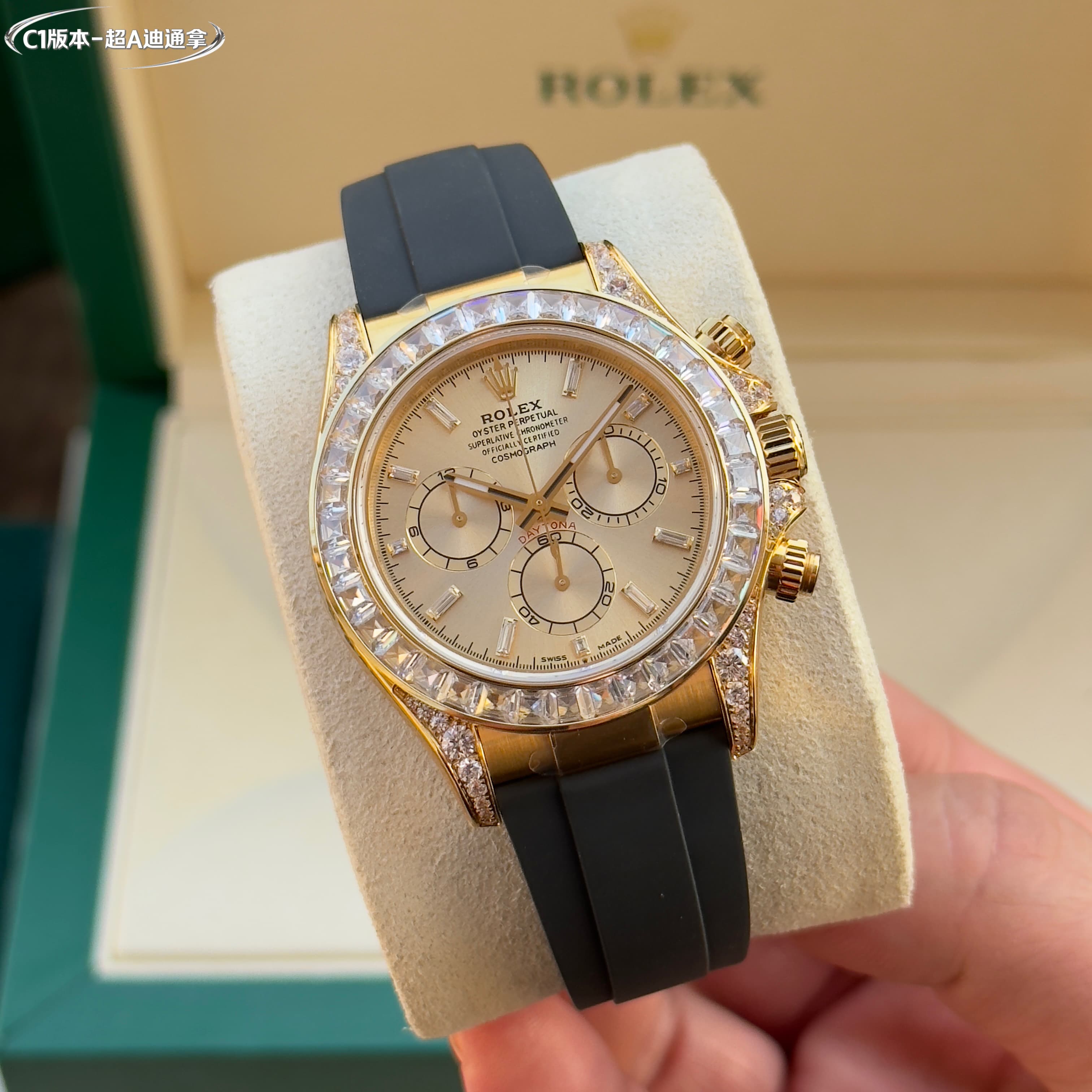 Rolex Daytona Champagne Dial Baguette Diamond - Set 18K Gold Watch, 40mm, DanDong 4131 Movement