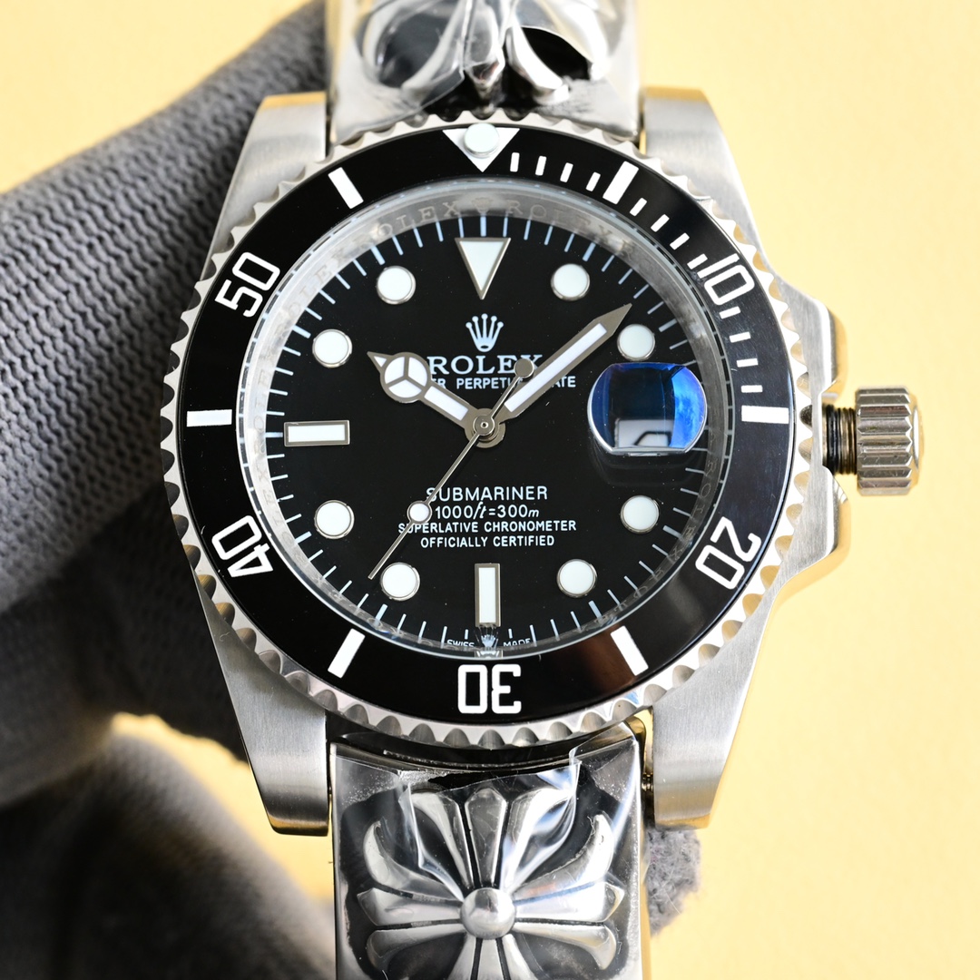 Rolex Submariner Custom Cross - Engraved Bracelet Black Dial Stainless Steel Watch, 40mm, Calibre 3235 Movement