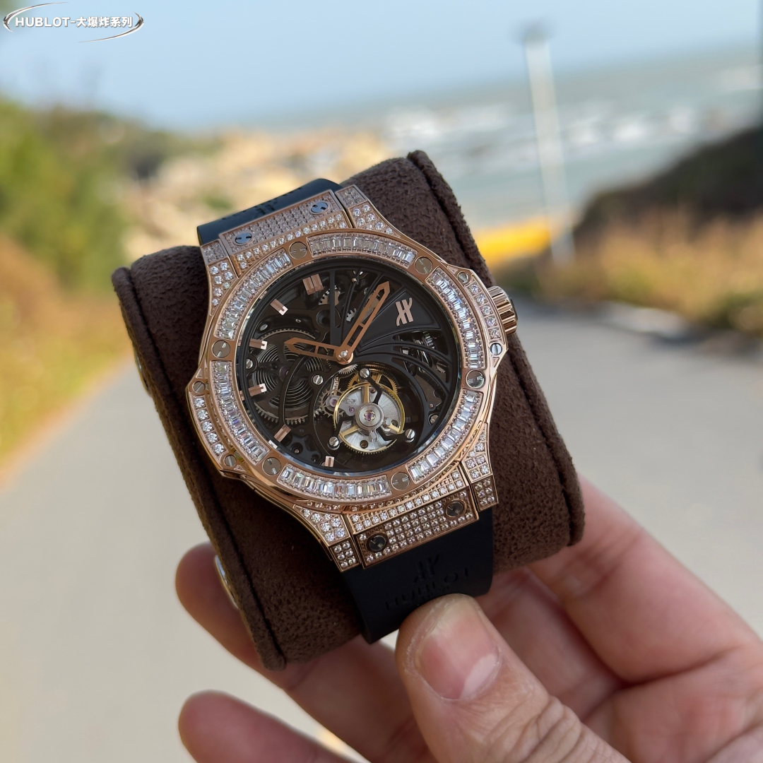 Hublot Big Bang Skeleton Tourbillon 18K Rose Gold Baguette Diamond - Set Watch, 45mm, Manual - Winding Tourbillon Movement