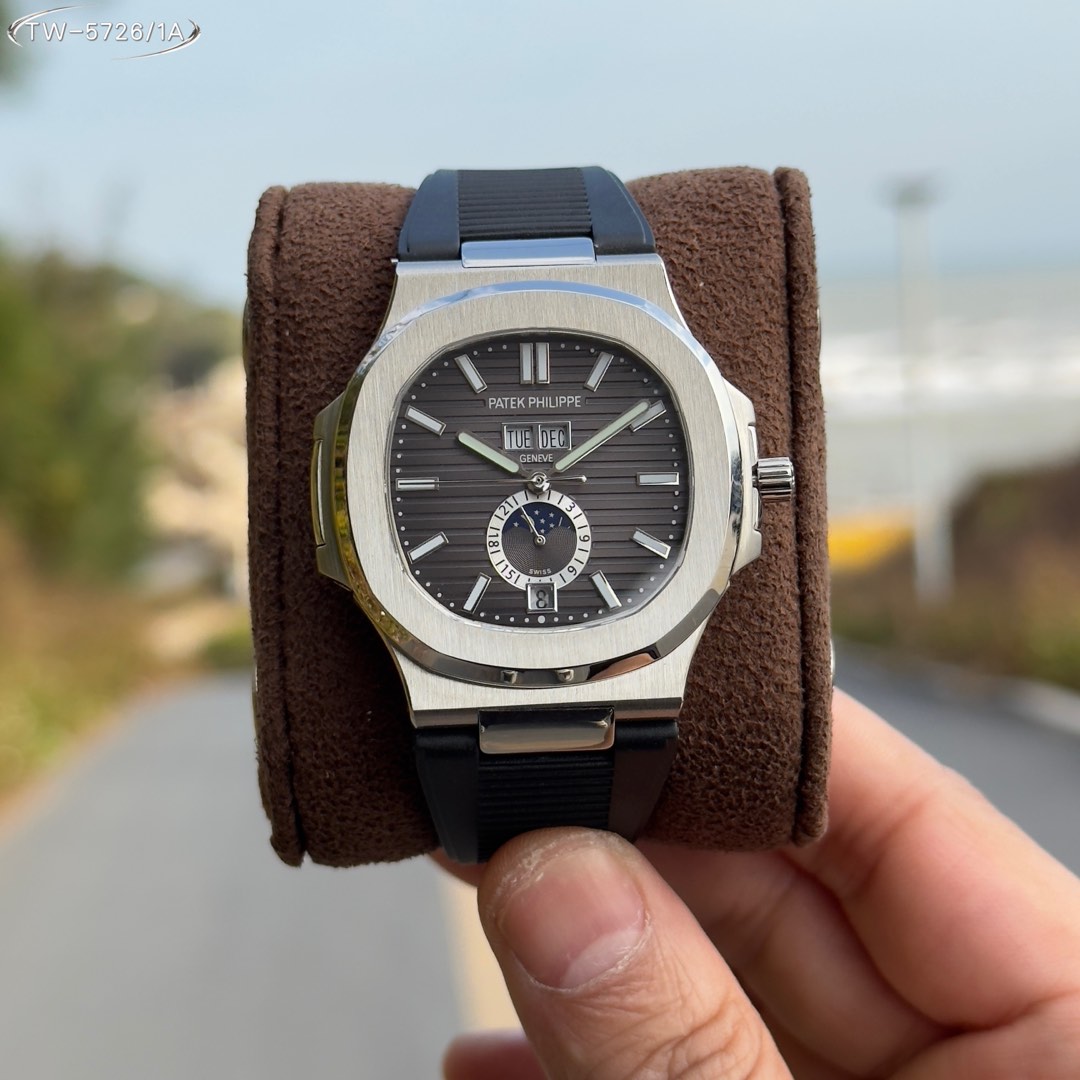 Patek Philippe Nautilus 5726/1A Dark Grey Dial Annual Calendar Moon Phase Black Rubber Strap Watch, Calibre 324 S QA LU 24 H Movement