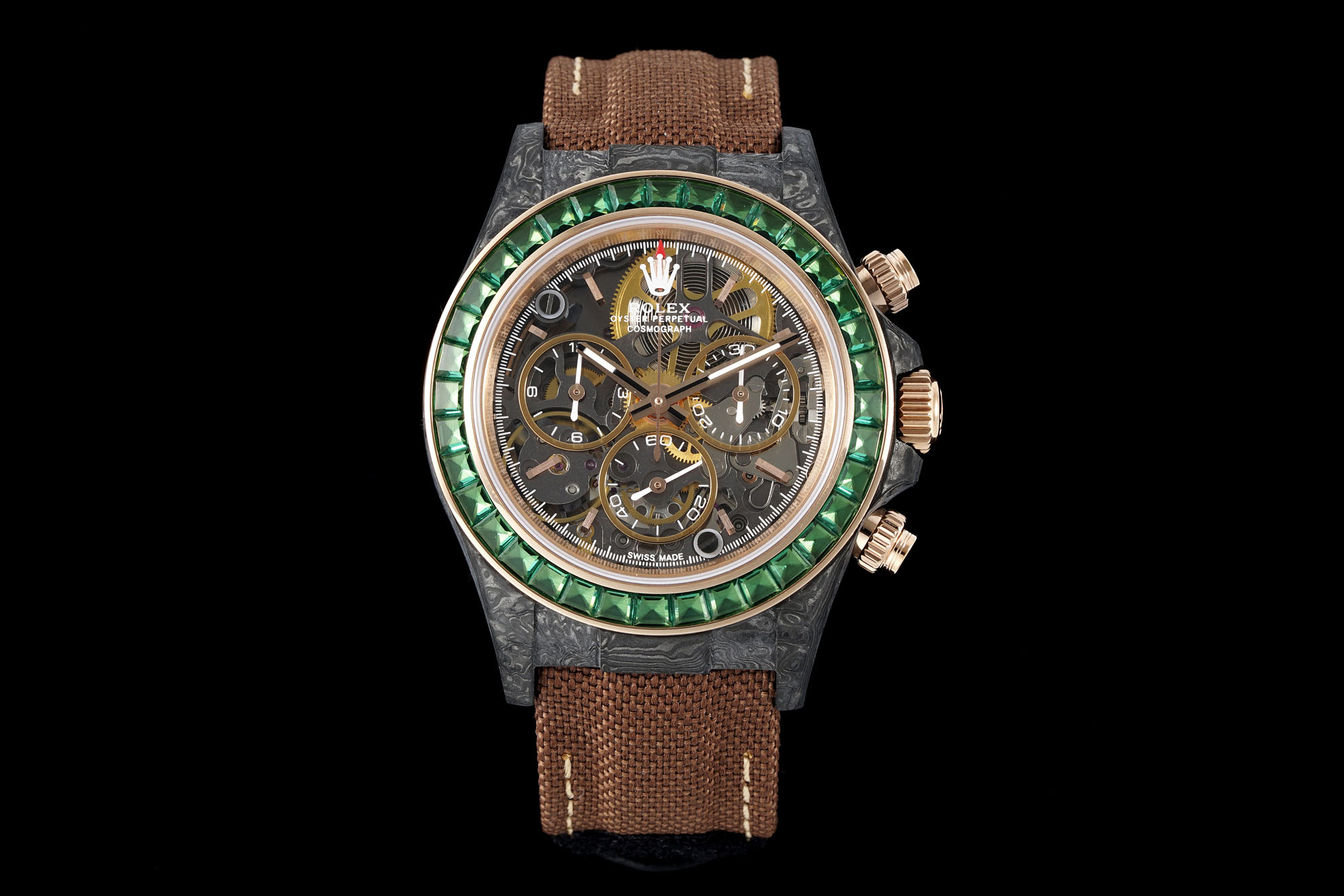 Rolex Daytona Skeleton Dial Green Gem - Set Bezel Carbon & Rose Gold Case Brown Fabric Strap Automatic Chronograph Watch (Limited Edition 08/10)