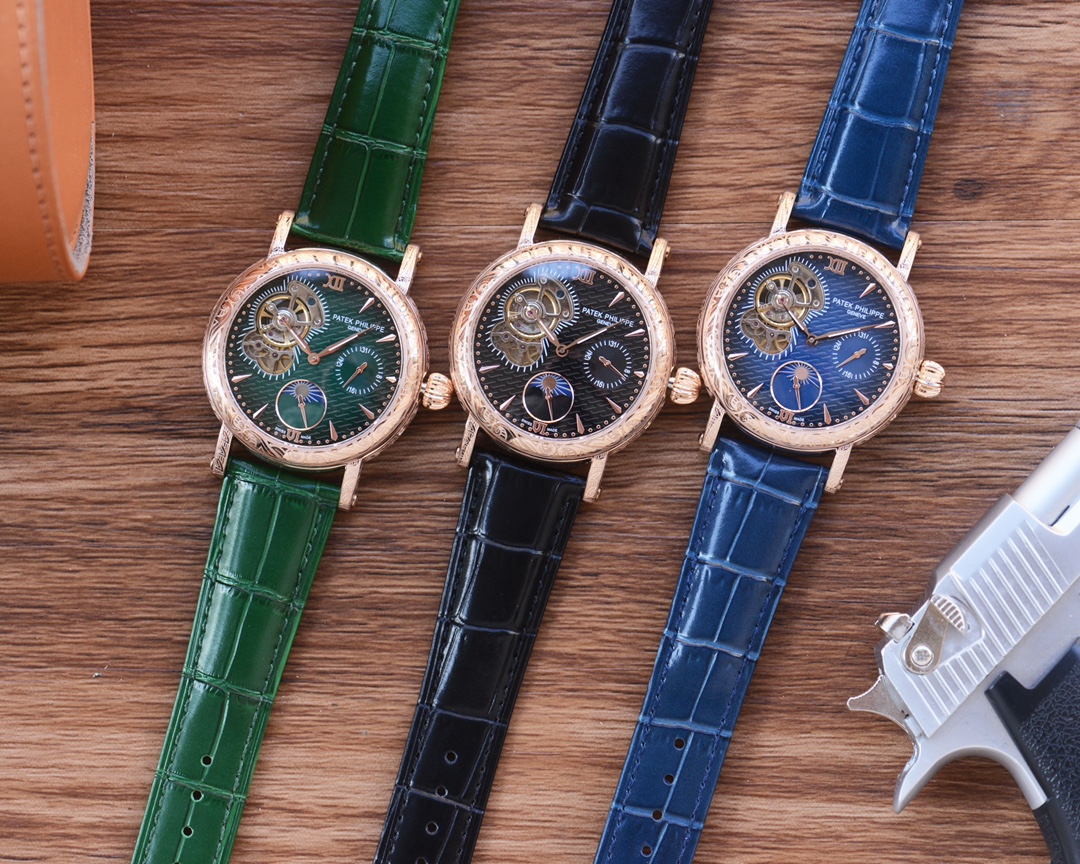 Patek Philippe Complicated Skeleton Dial 18K Rose Gold Automatic Mechanical Watch, Alligator Leather Strap