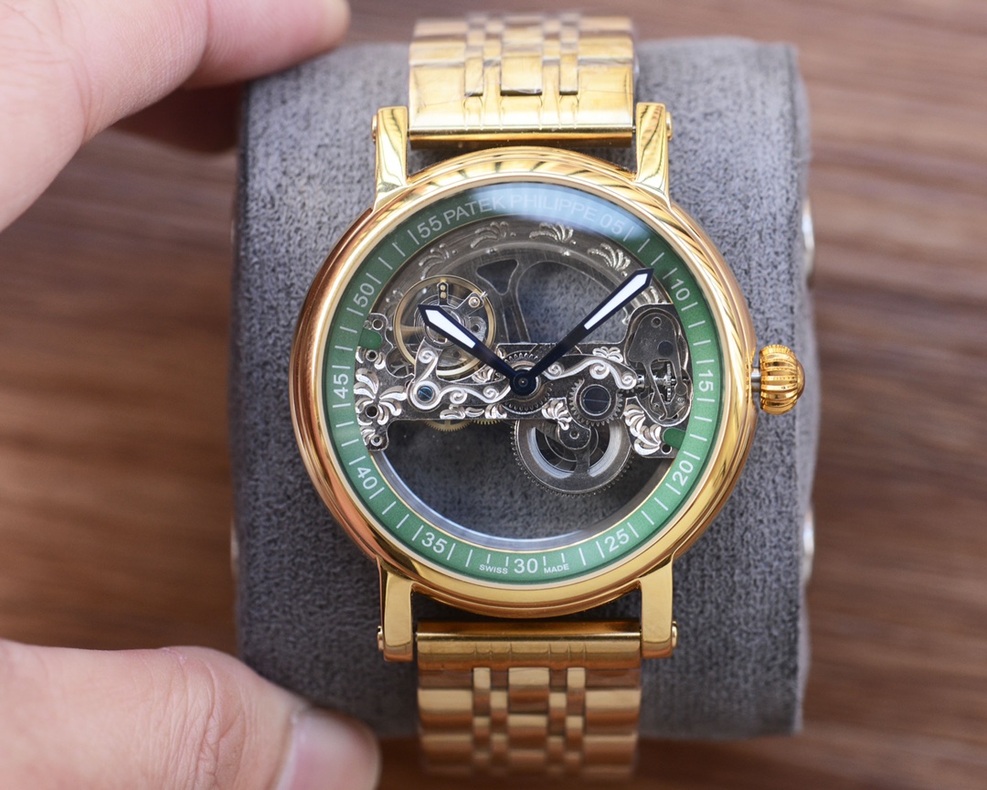 Patek Philippe Skeleton Dial 18K Gold Automatic Mechanical Watch, Metal Bracelet