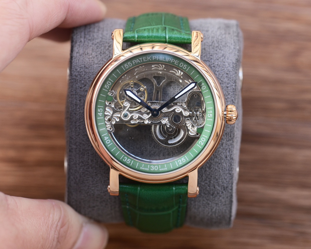 Patek Philippe Skeleton Dial 18K Gold Automatic Mechanical Watch, Alligator Leather Strap