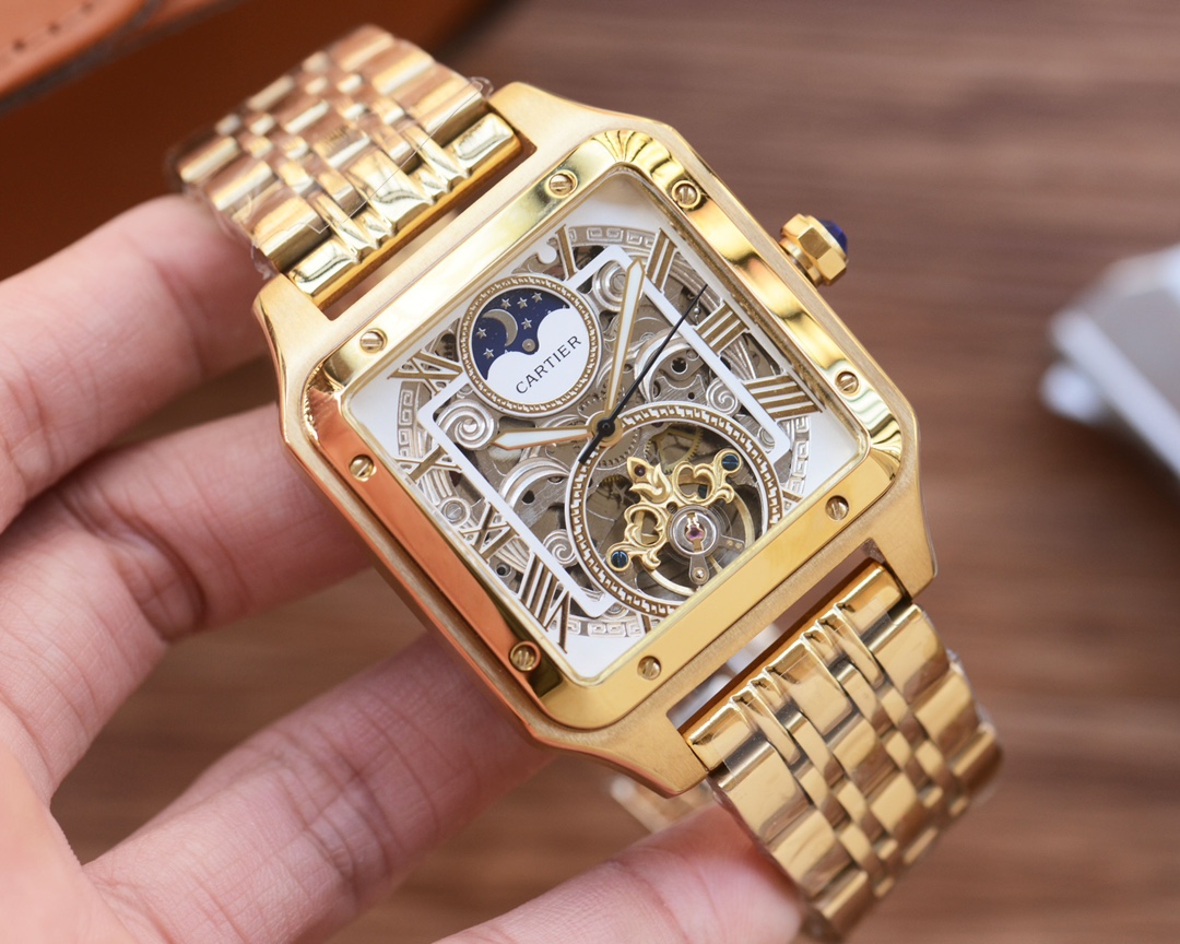 Cartier Custom Square Skeleton Tourbillon Metal Bracelet Watch, Automatic Movement