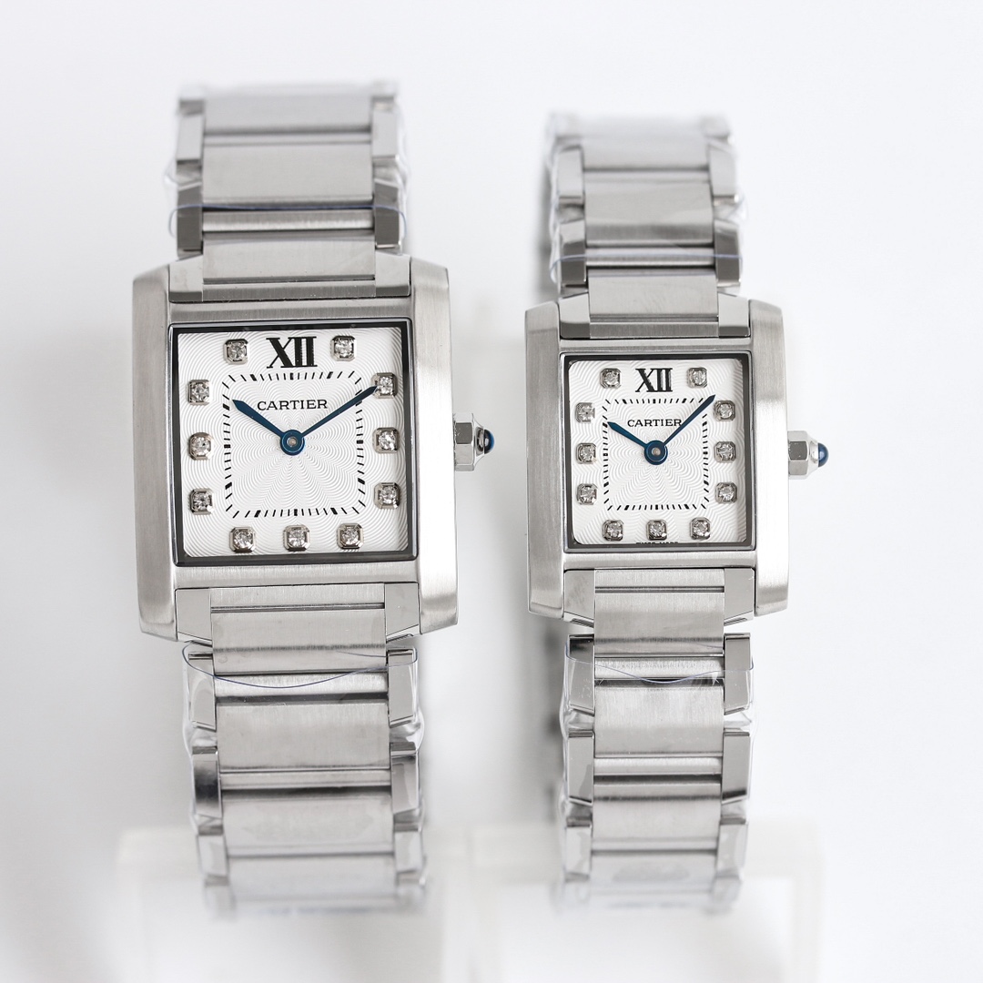 Cartier Tank Diamond - Accented White Dial Stainless Steel Couple Watch, Quartz Movement